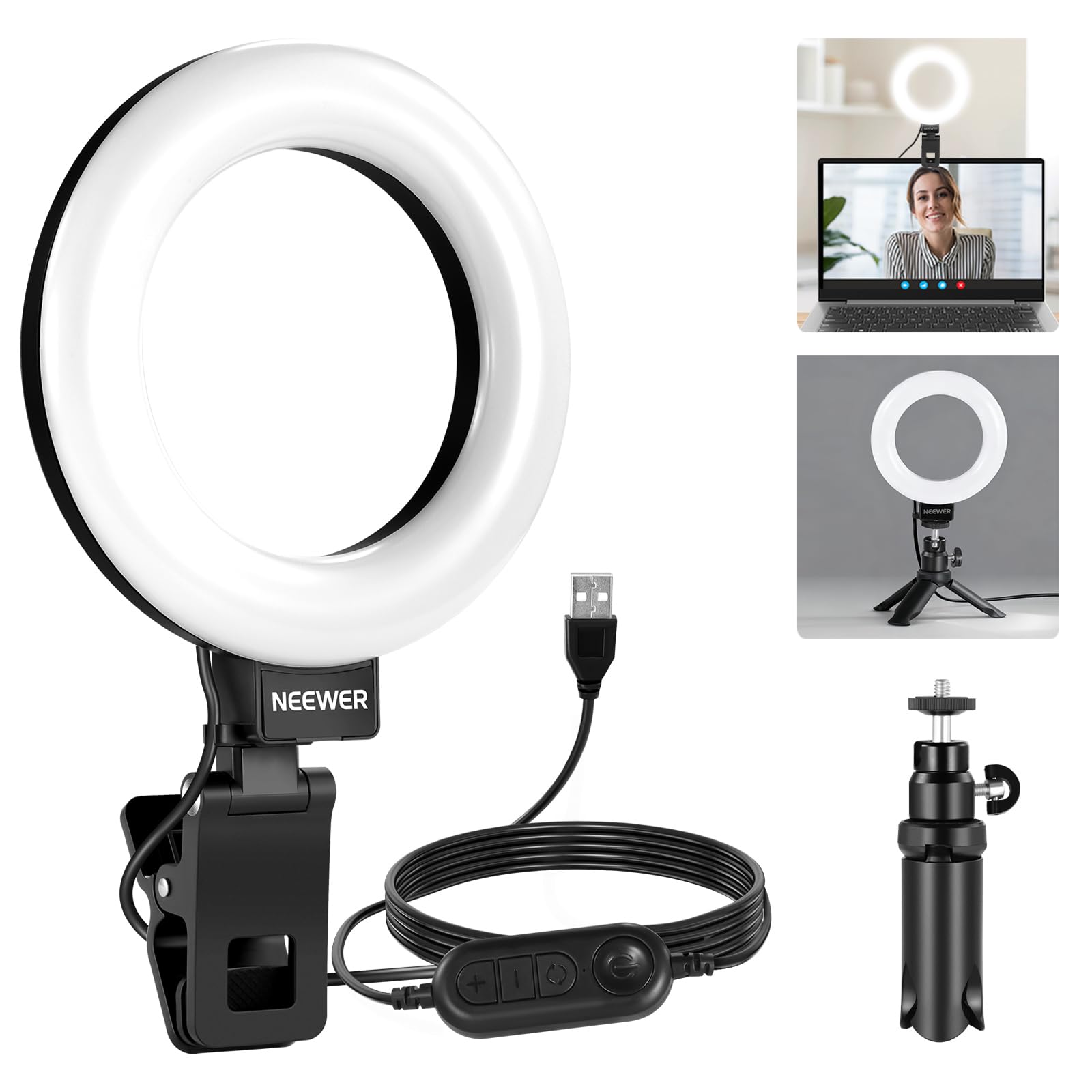 NEEWER Anel de luz BASICS de 12,7 cm para iluminação de videoconferência, kit de luz de clipe com suporte de tripé de mesa para monitor, laptop, computador, zoom, chamada, transmissão ao vivo