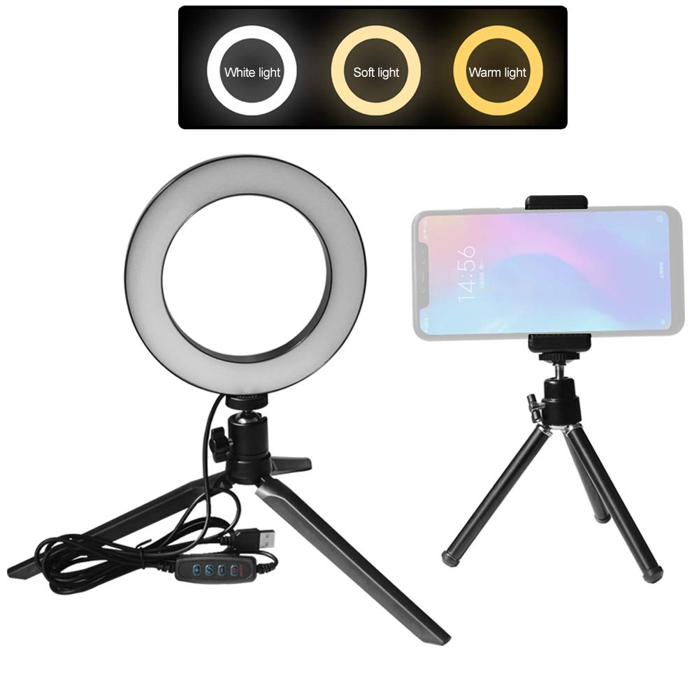 Anel de Luz LED 10 Polegadas com Tripé 3 Cores para Maquiagem | Regulável, Liga de Alumínio, USB, 5W, Leve, Difusa, 3500-6500K, Garra Ajustável