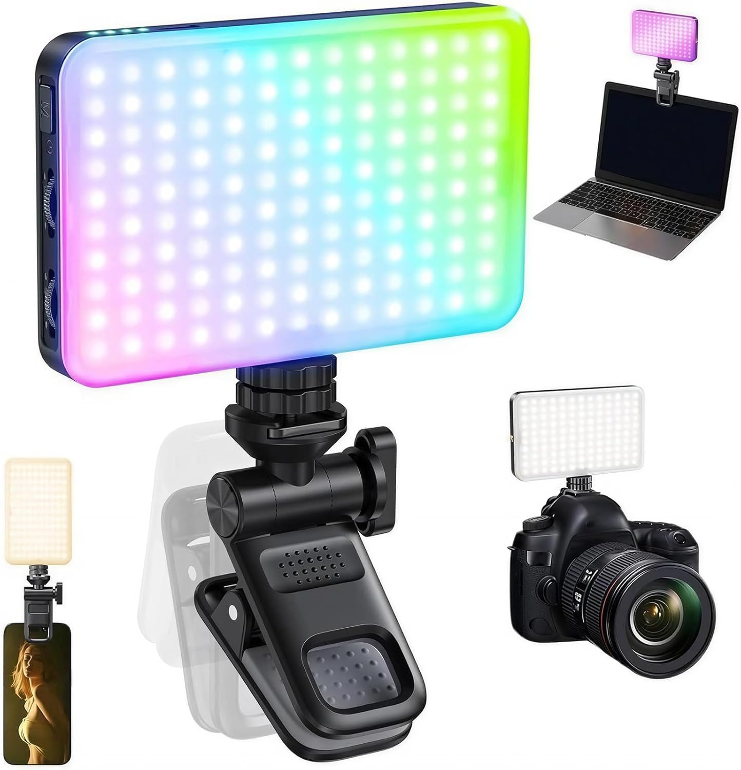 Luz de Preenchimento LED RGB Painel para Gravar Vídeo Celular Notebook Camera Iluminação Portátil com Clipe Ajustável Mini Ring Light Profissional Fotografia Studio Vlog Reunião Live Recarregável USB