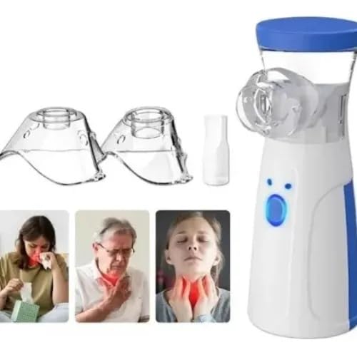 Inalador Portátil Nebulizador Ultrassônico Silencioso 12mL Bivolt 127/220V | Funciona com Pilhas ou USB | Adulto e Infantil | Branco com Azul