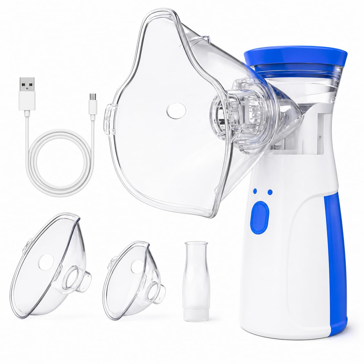 Nebulizador Inalador Portátil Ultrassônico Silencioso com Máscaras para Adultos, Crianças e Idosos, Alimentação USB ou Pilha AA, para Asma, Rinite, Sinusite, Alergias e Uso Respiratório
