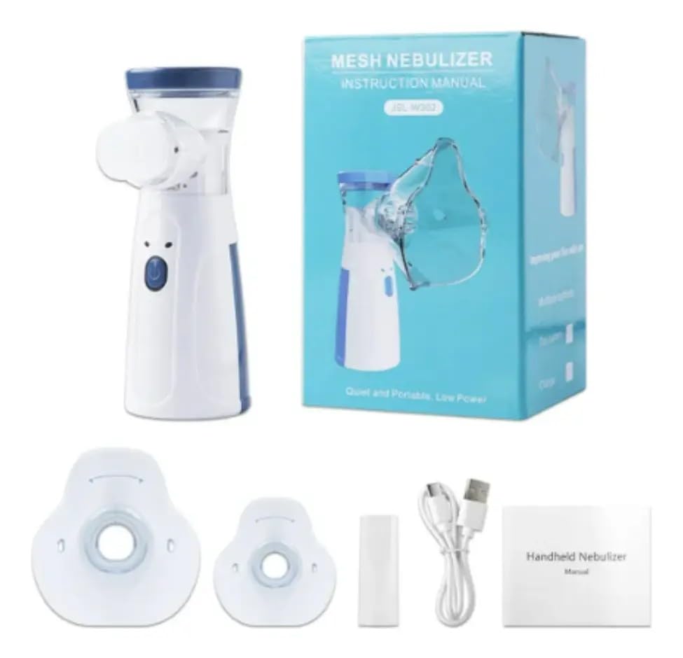 Nebulizador Mesh Portátil Silencioso com USB, Branco e Azul | Baixo Consumo, Máscara Incluída, Recarregável via USB, Para Adultos e Crianças, Compacto e Leve