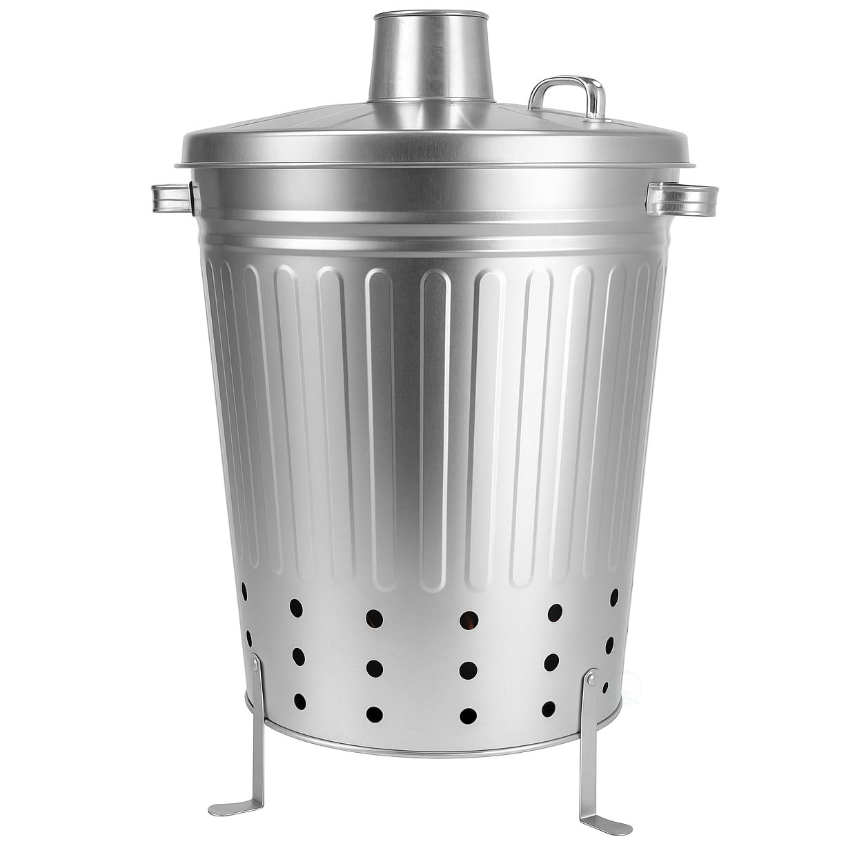 Gardenised Lata de incinerador externo de aço galvanizado prata grande para queimador de lixo de jardim com orifícios de ventilação para tampa e pernas levantadas para quintal, pátio, quintal, folhas