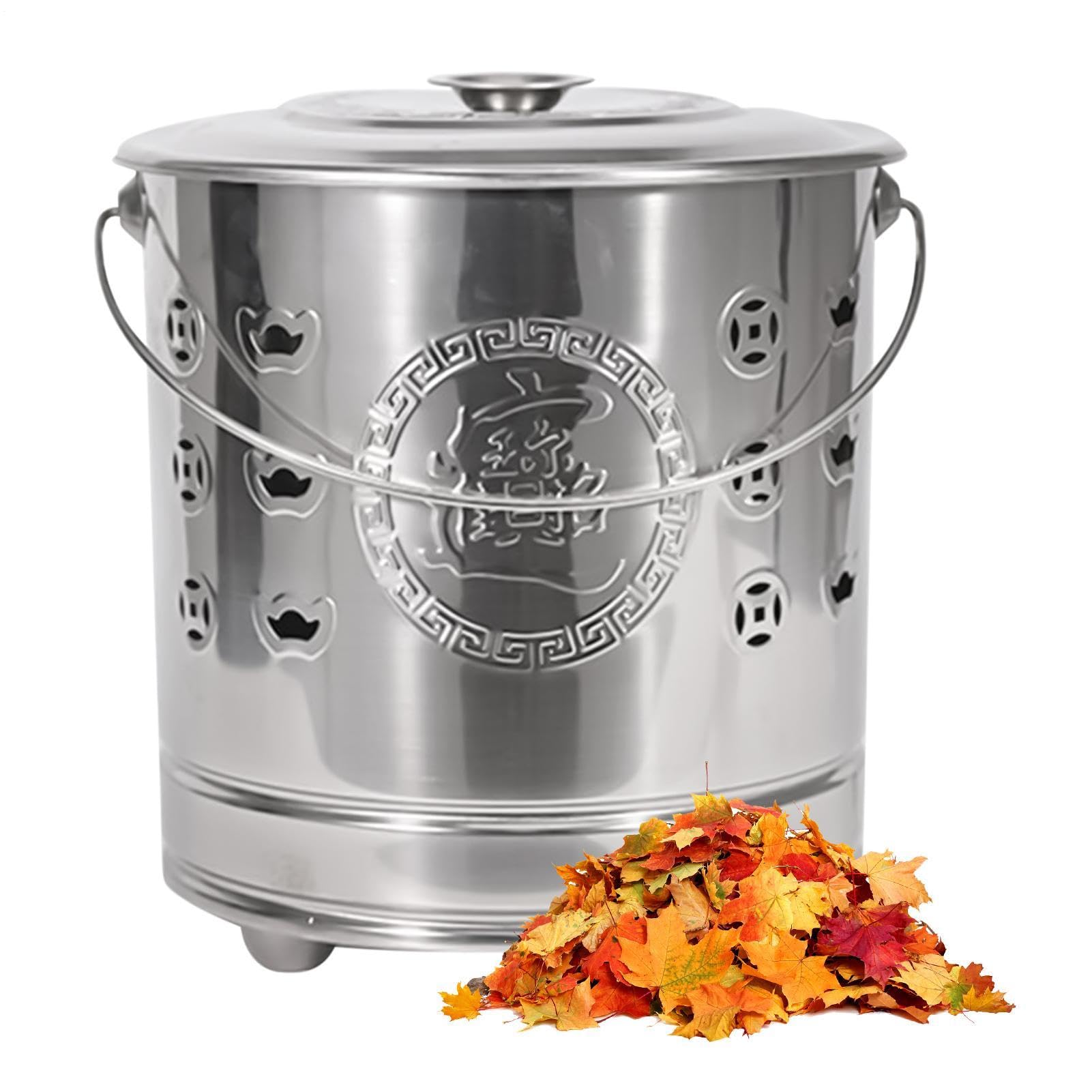 Incinerador De Queimador Seguro Em Aço Inoxidável | com Tampa, Gancho para Fogo e Barril de Fogo Revestido Lixo Do Quintal, Jardim, Folhas Caídas, Lixo, Dinheiro Falso, Pátio,