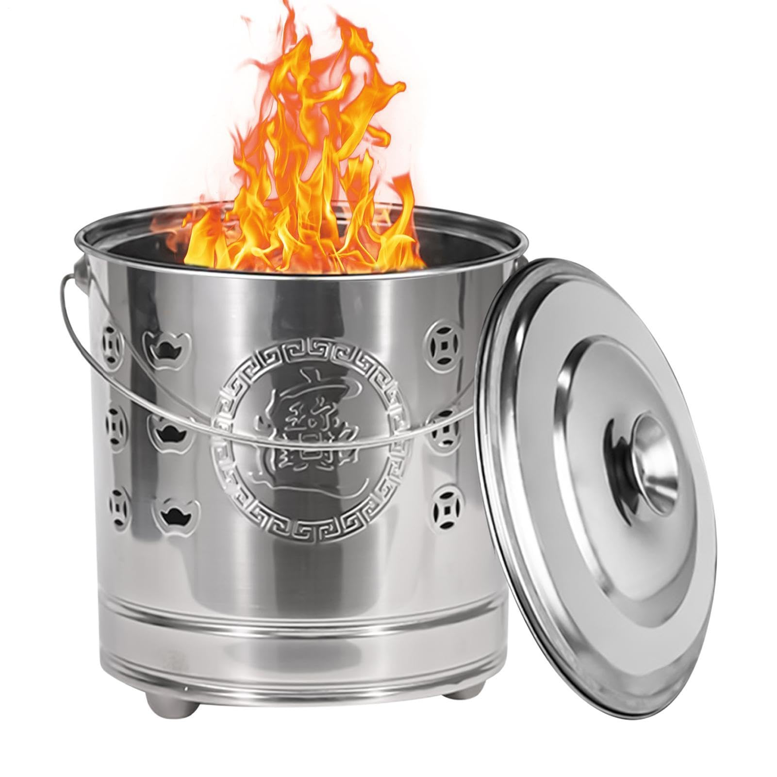Barril Incinerador Queimador Seguro Em Aço Inoxidável | com Tampa, Gancho para Fogo e Balde Metálico Interno Lixo Do Quintal, Jardim, Folhas Caídas, Lixo, Dinheiro Falso, Pátio,