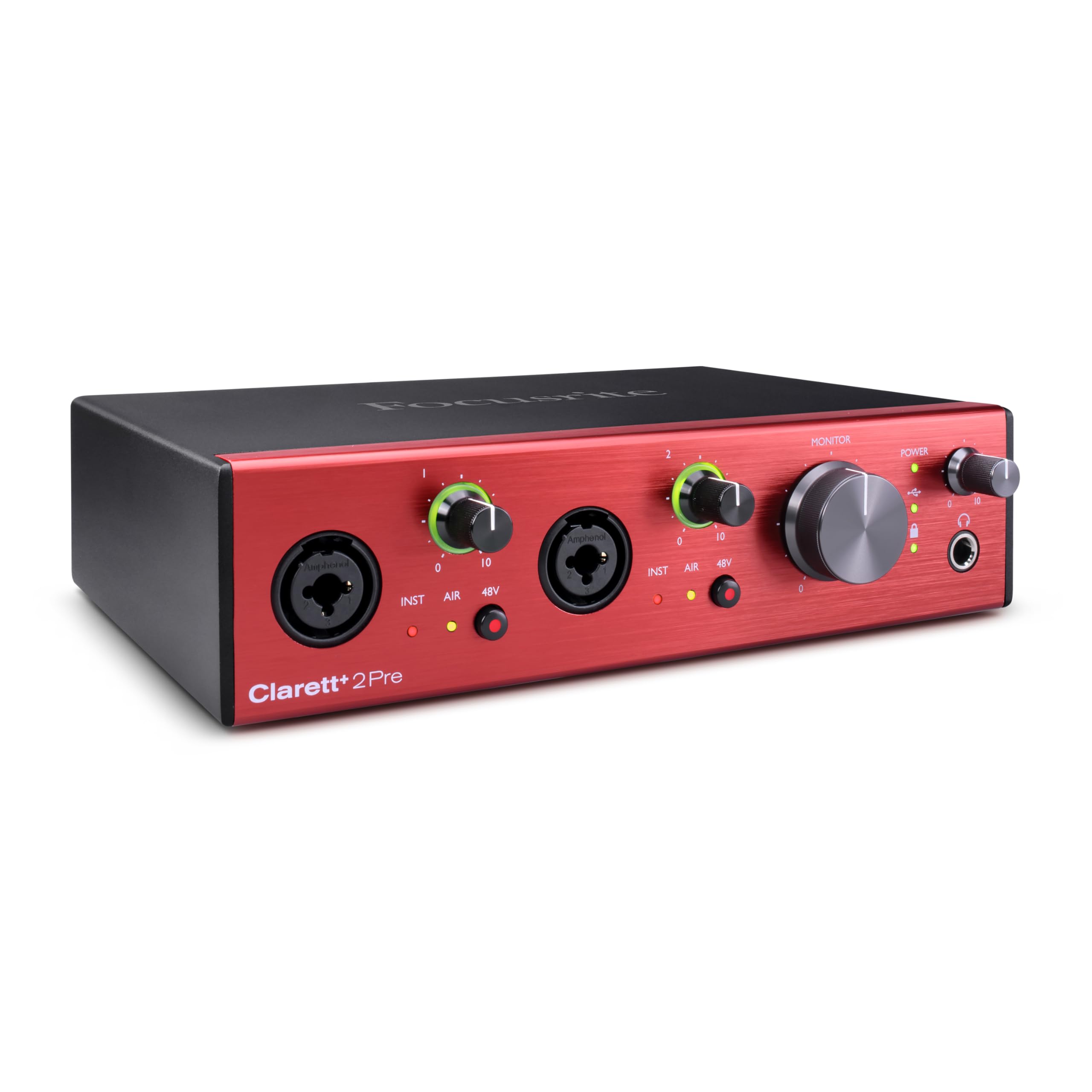 Focusrite Interface de áudio Clarett+ 2 pré-USB-C alimentada por barramento para produção musical, com dois pré-amplificadores de qualidade profissional e saídas de fone de ouvido/entradas de