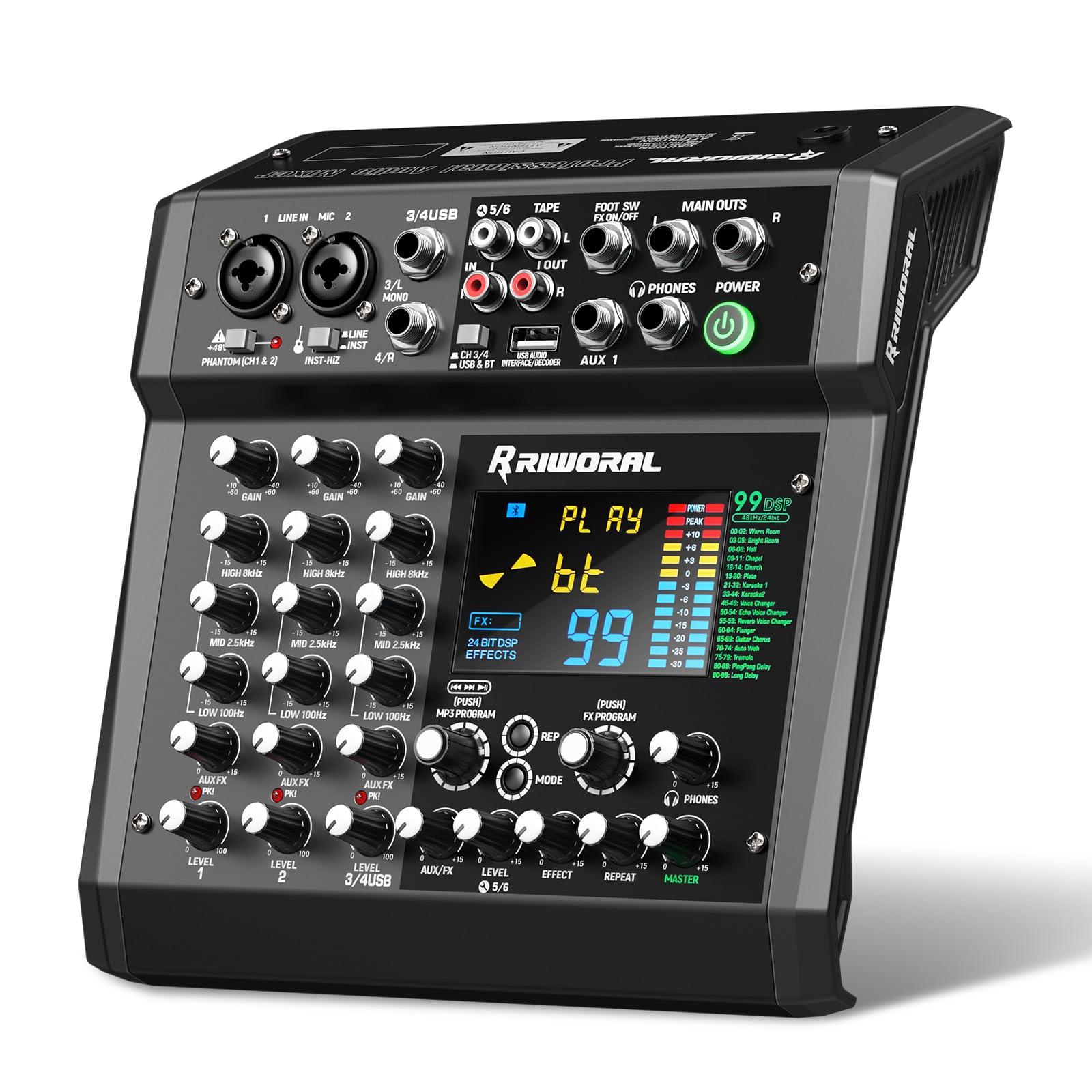 Placa De Som Com Interface Áudio 6 Canais, Mixer, 99 Efeitos Digitais Dsp Bluetooth 48 Khz/24 Bits, Usb Rac Como Tocador Mp3, Interruptor Liga/Desliga Para Estúdio Karaokê Dj, Streaming E Gr