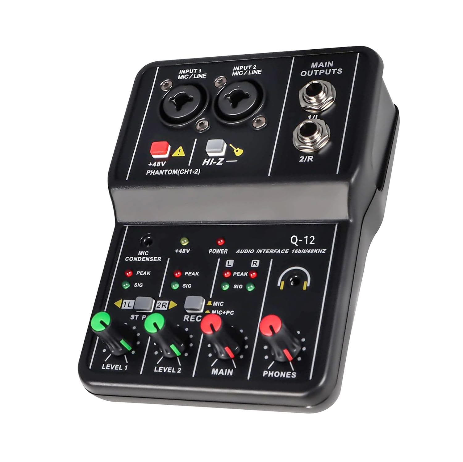 interface de audio,Placa de som profissional muti canals com USB 2.0 de alta velocidade, função de monitor para estúdio/gravação musical/gravação vocal/jogos/Equipamentos para DJ e VJ-Mixers (Q-12)