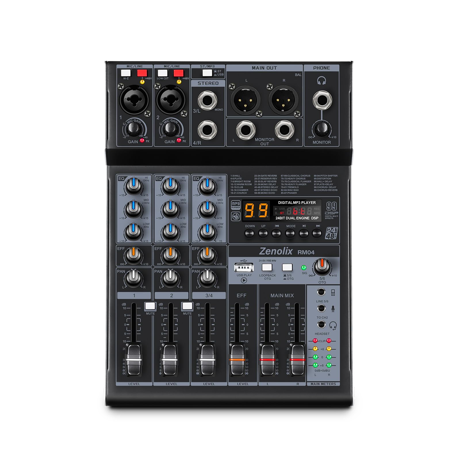Mesa de Som Rm04 de 4 Canais, Mixer Bluetooth com Interface de Áudio Usb, Mixer para Dj com 2 Entradas Combo Xlr, Gravação de 24 Bits e 192Khz, Console de Mixagem para Podcast, Transmissão
