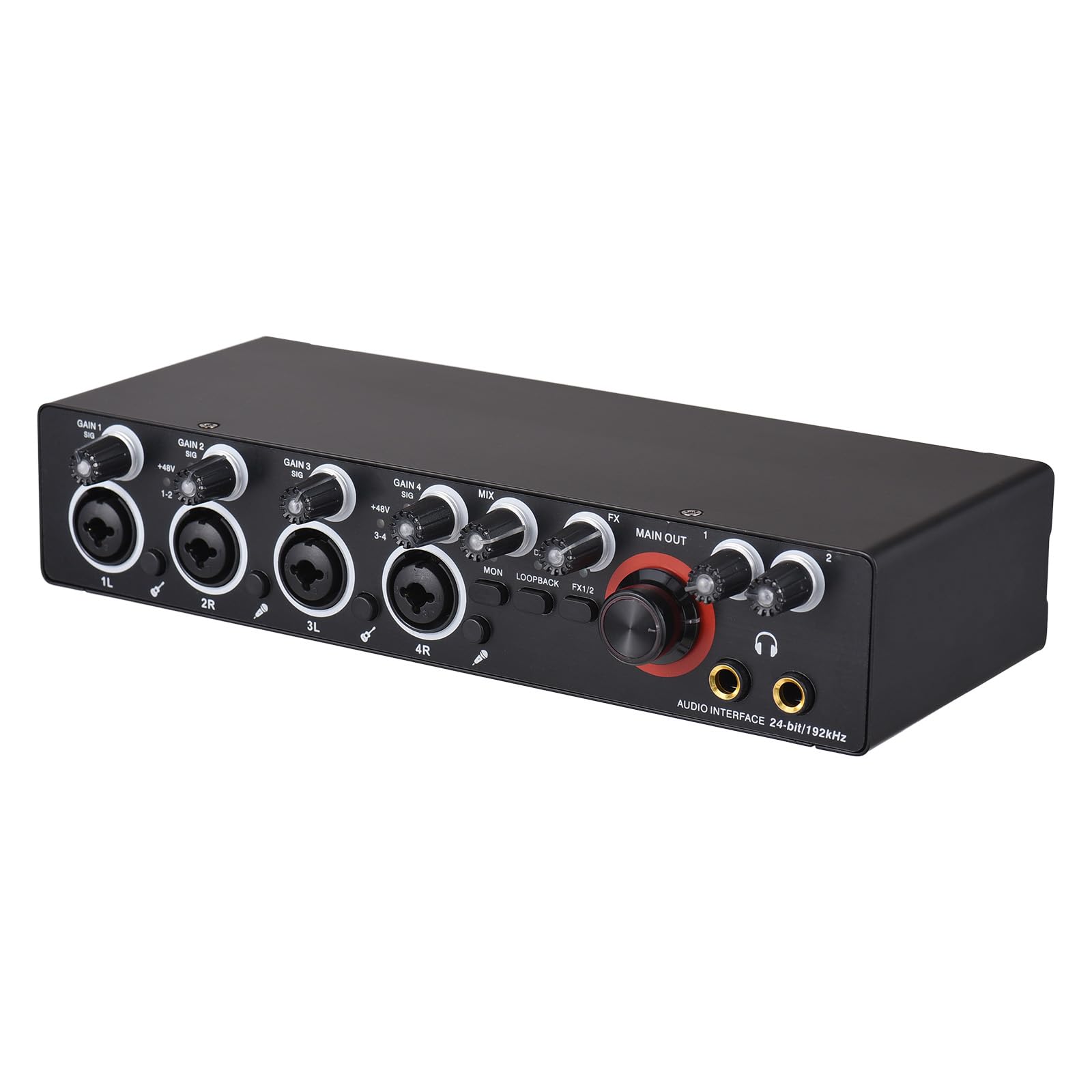 Interface de Áudio USB 4 Canais Placa Som com Alimentação Fantasma 48V 24-bit 192kHz Monitoramento em Tempo Real e Efeitos Personalizáveis para Gravação Profissional Transmissão ao Vivo Karaokê