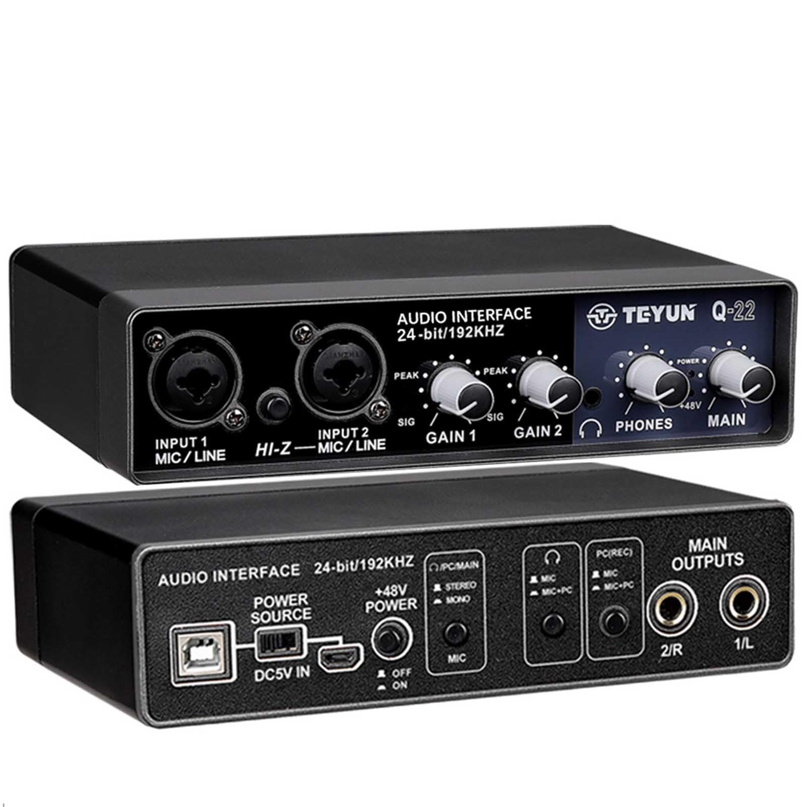 Interface de áudio Q-22, 24 bits/192 kHz, USB 2.0, com entrada HI-Z para microfone/linha adequada para instrumentos musicais,placa de som ideal para gravação, transmissão ao vivo e podcasts