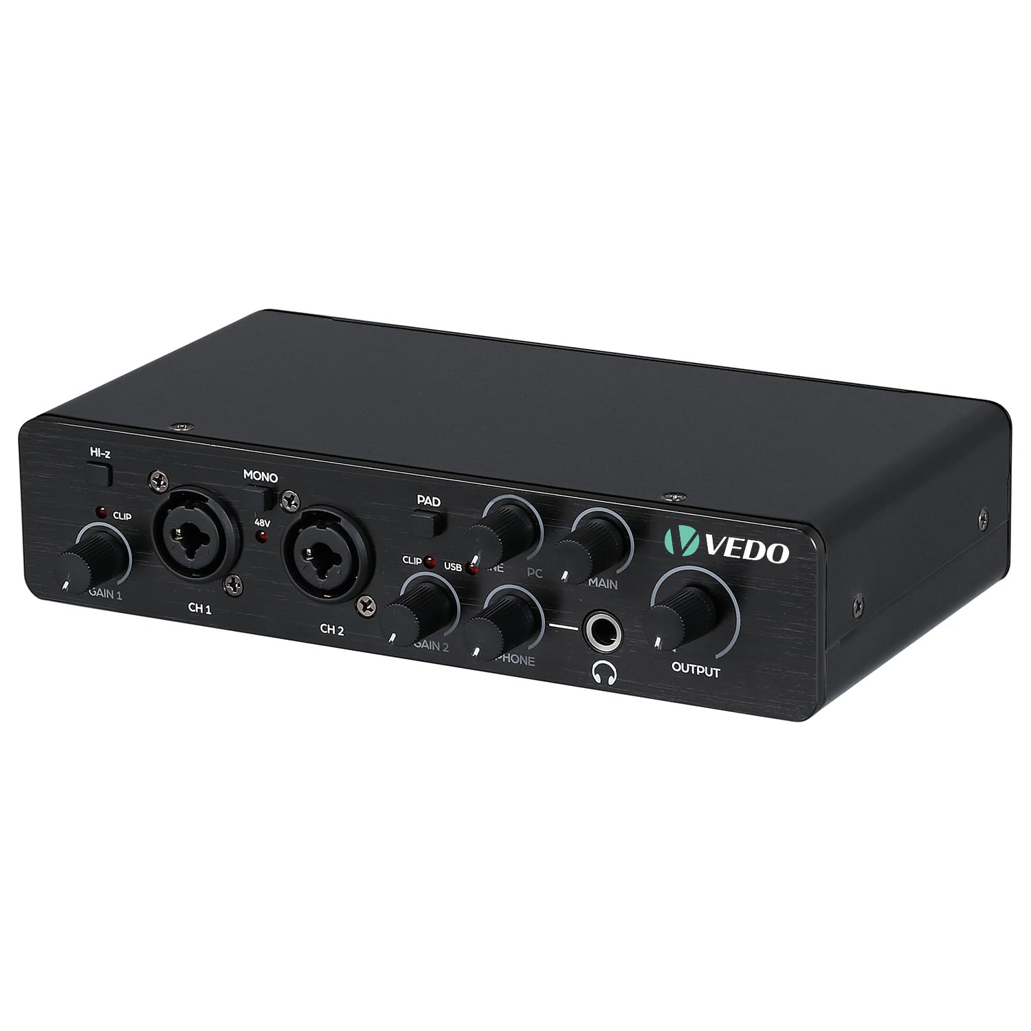 Interface de Áudio Profissional 2 Entradas 2 Saídas USB, Placa de Som 24-bit/192kHz com Phantom Power +48V, Entrada Hi-Z para Guitarra, Monitoramento Sem Latência para Gravação de Voz, Podcast