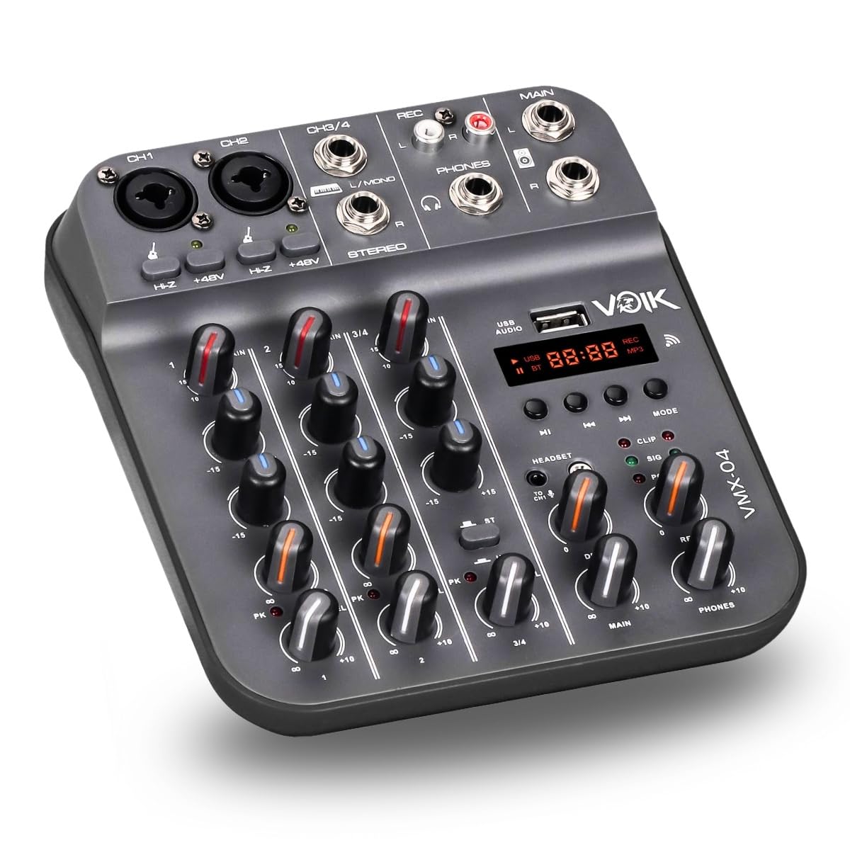 Mesa De Som 4 Canais Voik VMX-04 USB Bluetooth Efeitos Delay e Repeat Interface de Áudio Live Streaming 48v Phantom Power HI-Z Processamento Digital Bivolt 110v/220v