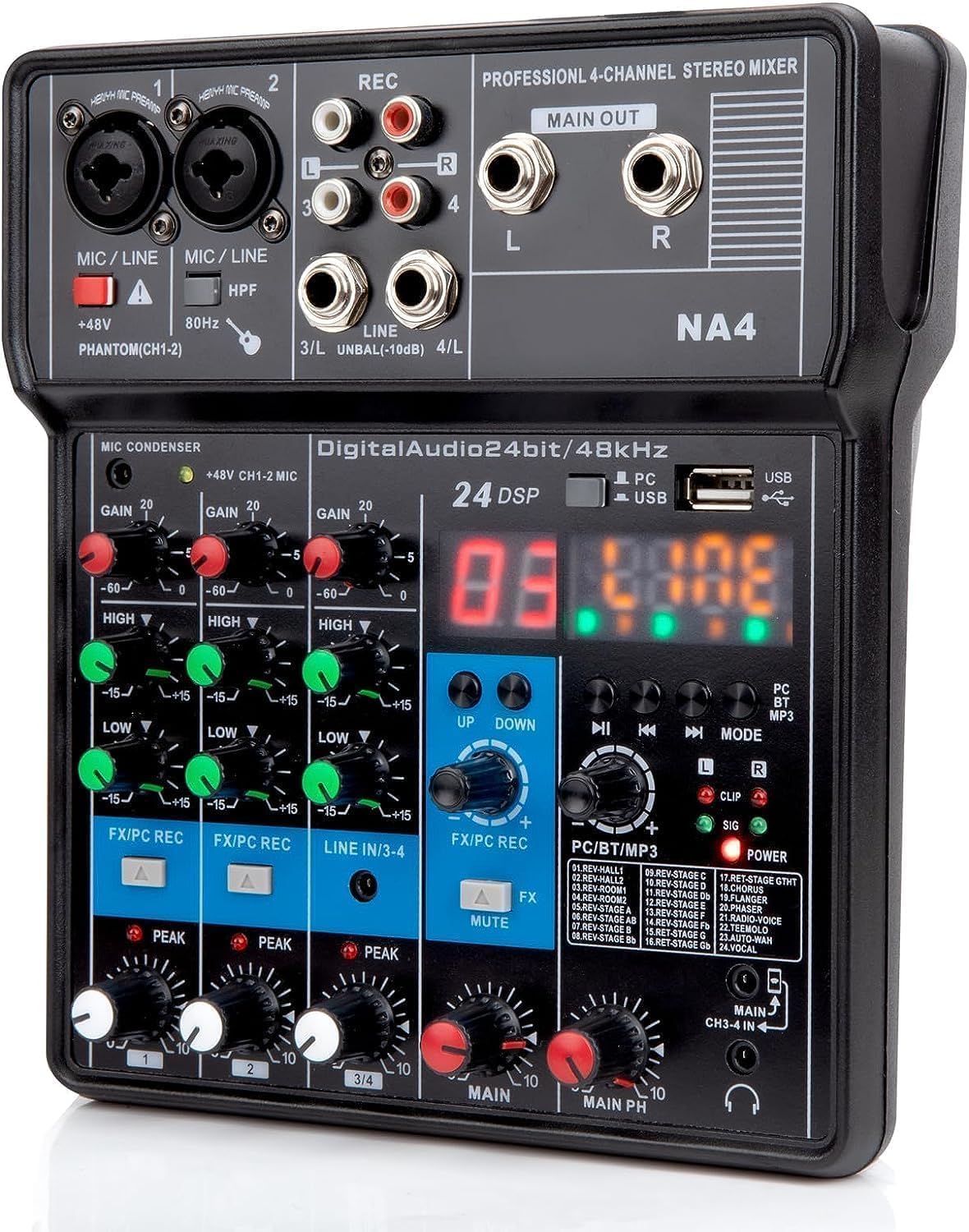 Mixer de áudio profissional,4/3/2 canais Mixer de placa de som com Bluetooth, entrada USB para PC Fonte de alimentação fantasma de 48V para música, Podcast, Rádios e Sistemas de Som Portáteis