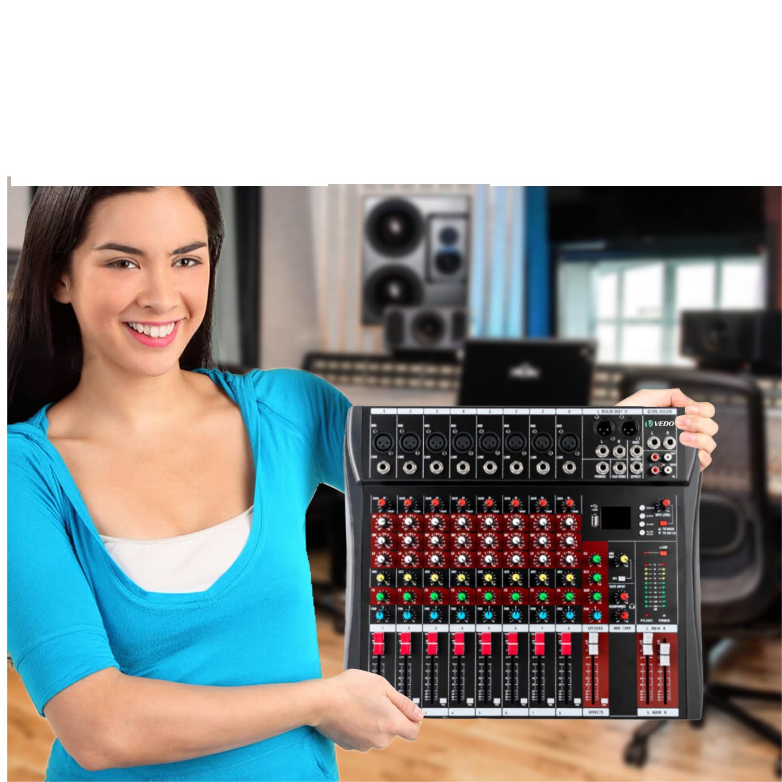 VEDO Mixer de Áudio Profissional 8 Canais com Bluetooth, USB e Fonte Fantasma 48V - Ideal para Shows, Podcasts e KTV em Casa - Portátil e Compatível com PC/Dispositivos Móveis