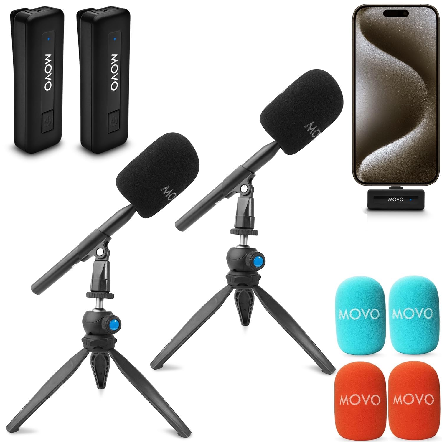 Movo Mini microfone sem fio UC-Duo USB-C sem fio para iPhone 15/16/Android/PC/MacBook, conjunto de equipamentos de podcast com alça WMX-HM/suporte de microfone de mesa para podcasts, entrevistas e