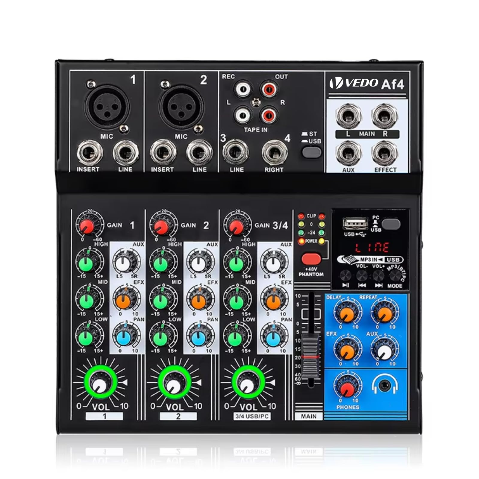 VEDO Mixer de áudio,AF4 4 canais Mixer de placa de som com Bluetooth, entrada USB para PC Fonte de alimentação fantasma de 48V profissional música/Podcast/Produção/Guitarra/Computador 1000+ aparelho