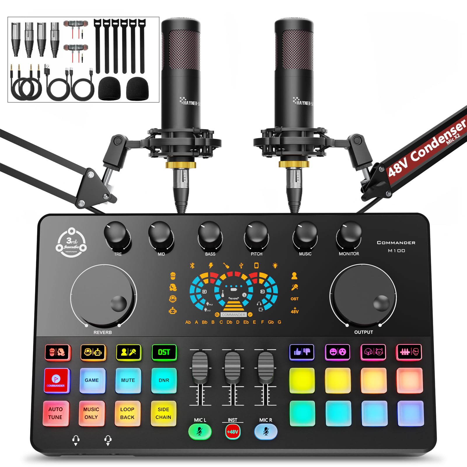 Kit de Equipamentos para Podcast para 2 Pessoas, Interface de Áudio, Mixer para Dj com Microfone Condensador Xlr 48V, Rgb, Modificação de Voz, para Streaming, Gravação de Podcast, Tiktok