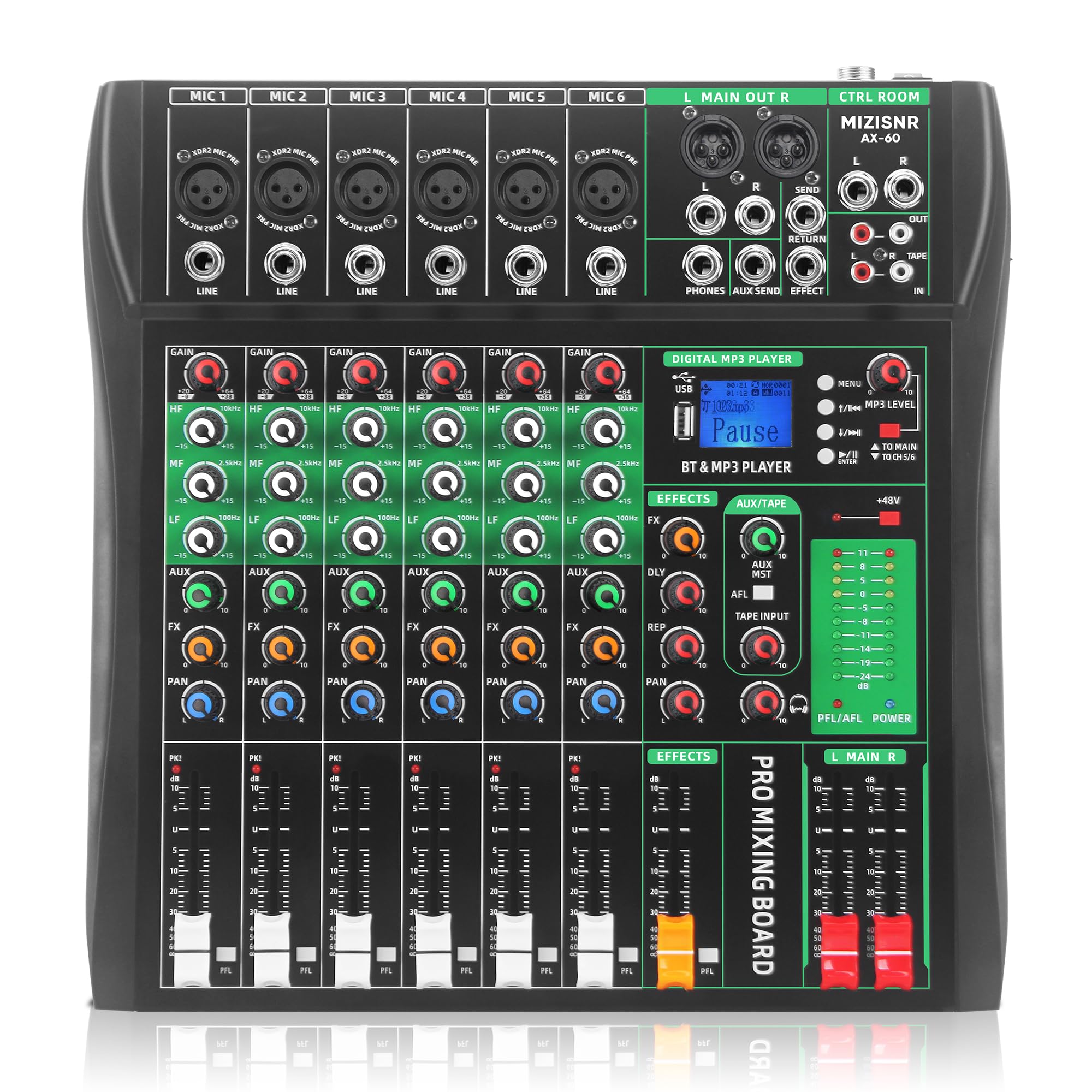 Mixer De Áudio 6 Canais, Mesa Mixagem Profissional Para Dj, Console Digital Com Reverberação, Bluetooth, Porta Usb, Alimentação Fantasma 48 V Gravação Karaokê E Podcast