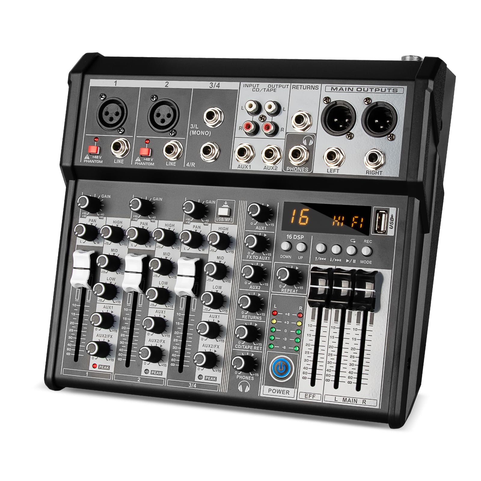 Depusheng Mixer De Áudio Profissional, Sistema De Mesa De Som Com Interface De Áudio De 4 Canais, Mixer Bluetooth Dsp De 16 Bits + Efeito Fantasma De 48 V Para Gravação De Streaming Em Estúdio De K