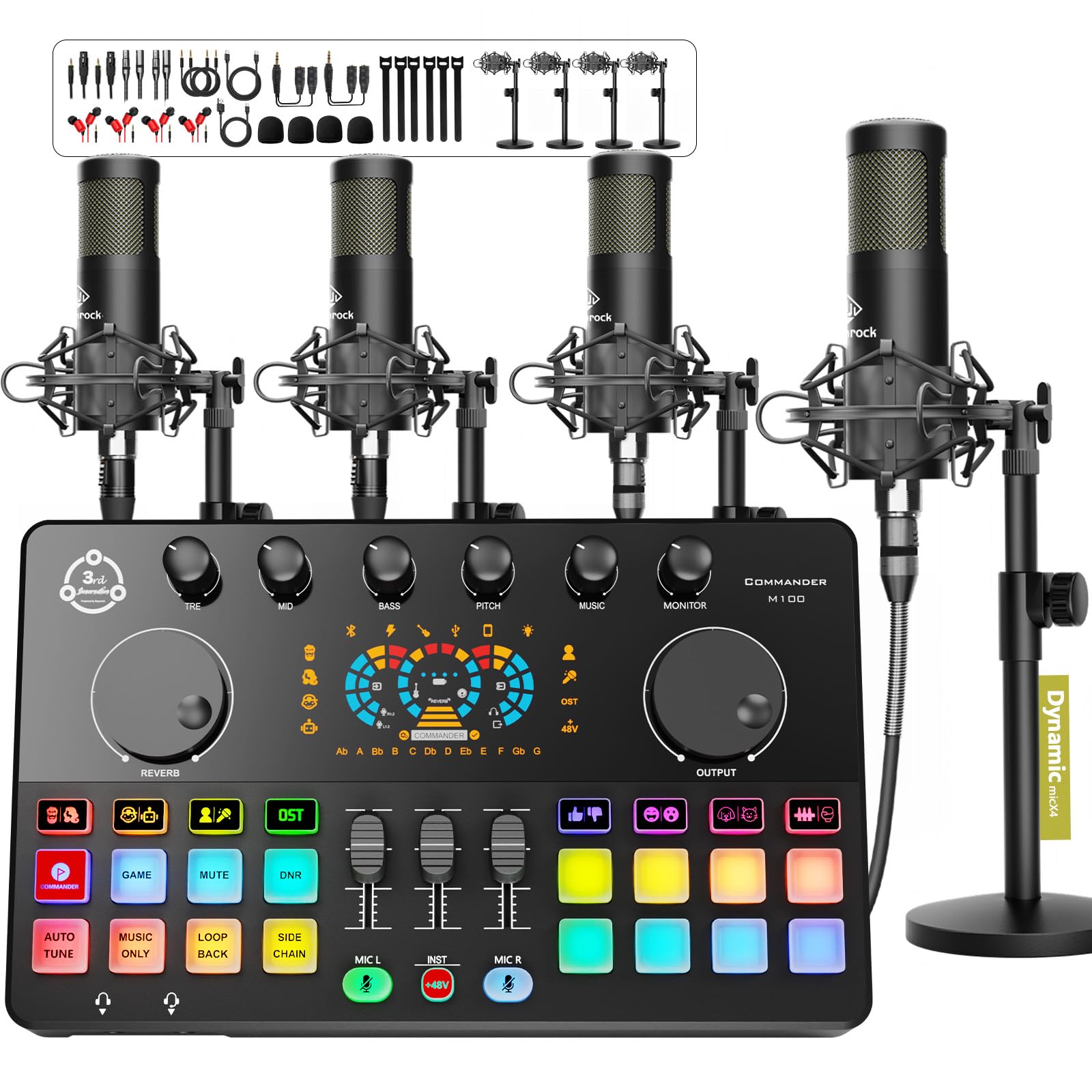 Kit de Equipamentos para Podcast para 4 Pessoas, Interface de Áudio com 4 Microfones Dinâmicos, 4 Suportes de Mesa para Microfone, Modificador de Voz, Mixer de Dj para Gravação Vocal