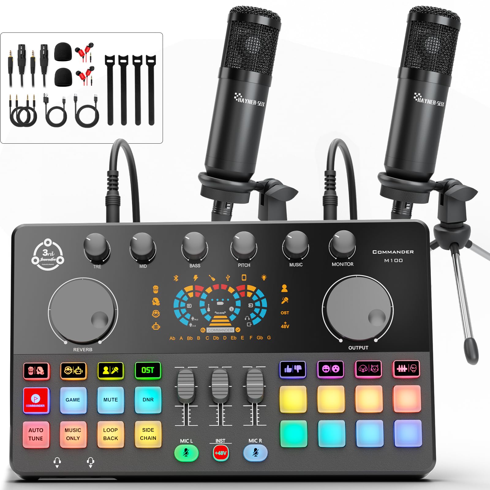 Kit de Equipamentos para Podcast para 2 Pessoas, Interface de Áudio, Mixer para Dj com Microfone Condensador de 3,5 Mm para Pc, Smartphone, Modificação de Voz, Rgb para Gravação