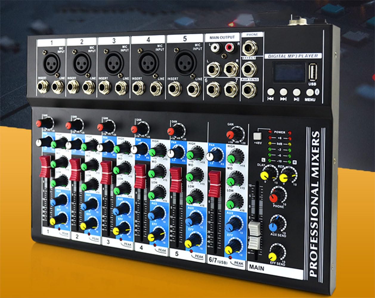 Mixer de Áudio Profissional 7 Canais VEDO, Bluetooth 5.0, USB Phantom Power 48V Placa Som Digital com 6 Modos Efeito, Ideal para Shows ao Vivo Casamentos Podcasts Transmissões e Gravação em Estúdio