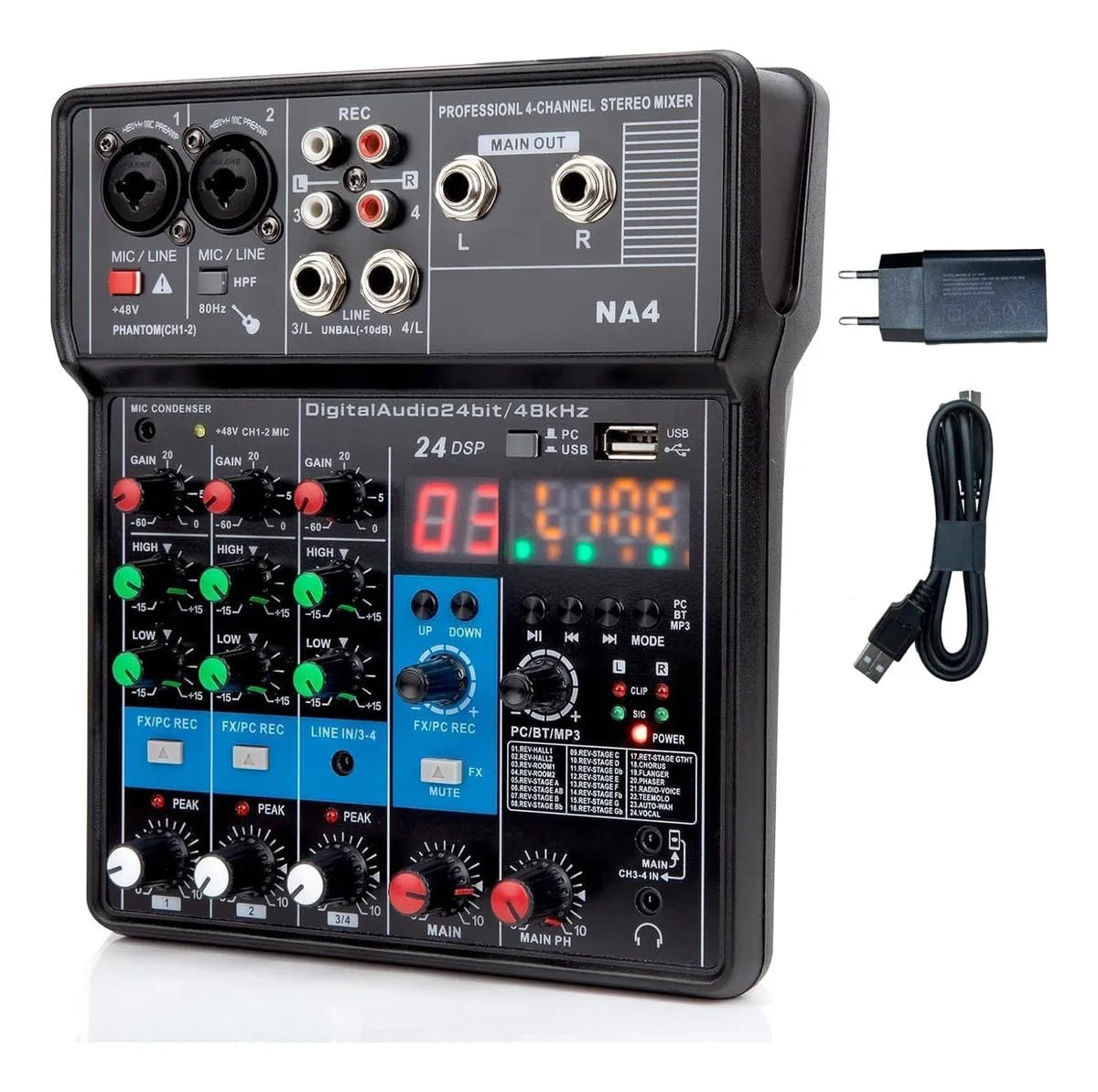 Na4 Mixer de Áudio Profissional 4 Canais, Bluetooth, USB, Phantom Power 48V, Placa de Som Digital, Ideal para DJ, Podcast, Transmissões ao Vivo, Gravação e Música em Casa
