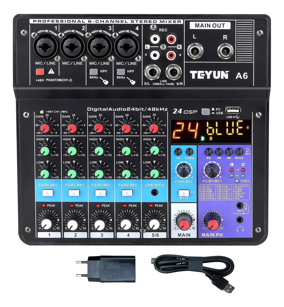 A6 Mesa De Som 6 canais,mixer de placa de som de 6/5/4/3 canais com Bluetooth, entrada USB para PC e alimentação fantasma de 48V para música, podcasting e produção Melhor que teyun A4 NA4 A3