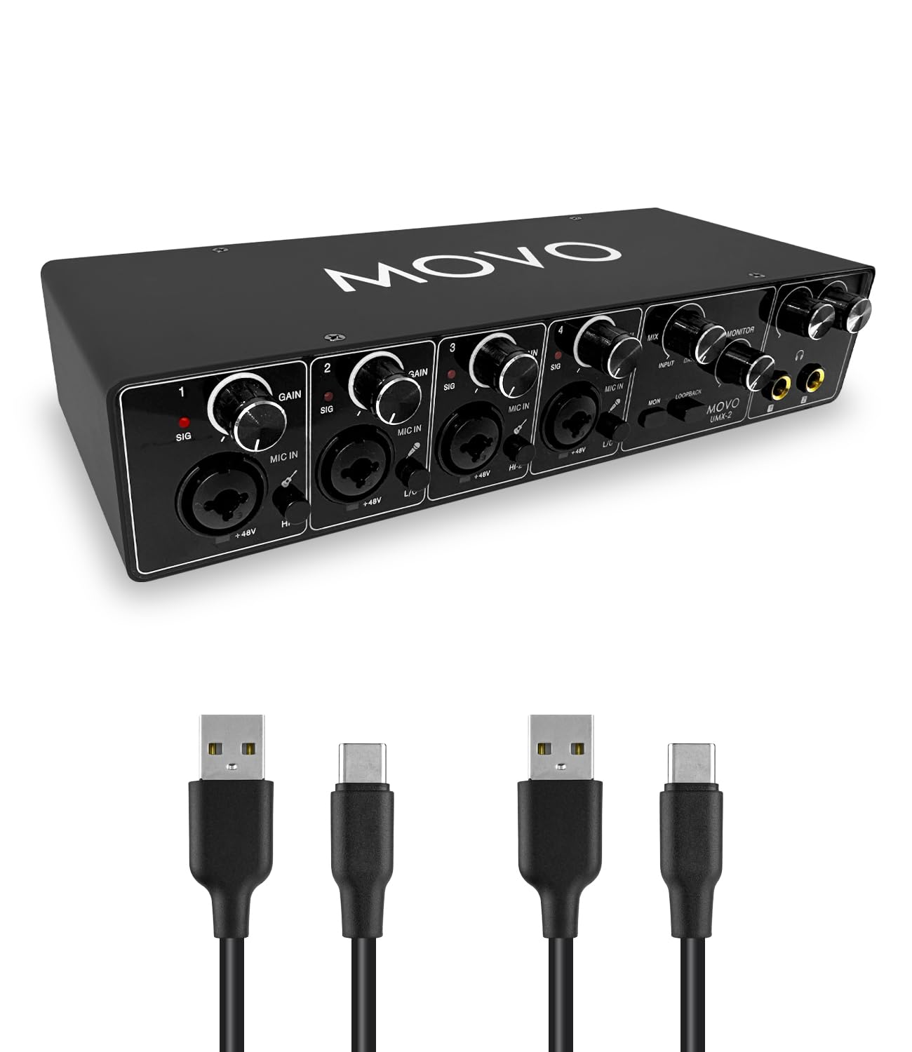 Movo Interface De Áudio Usb/Usb-C De 4 Canais Umx-2 Para Gravação, Podcasting E Produção De Áudio – Mac E Pc