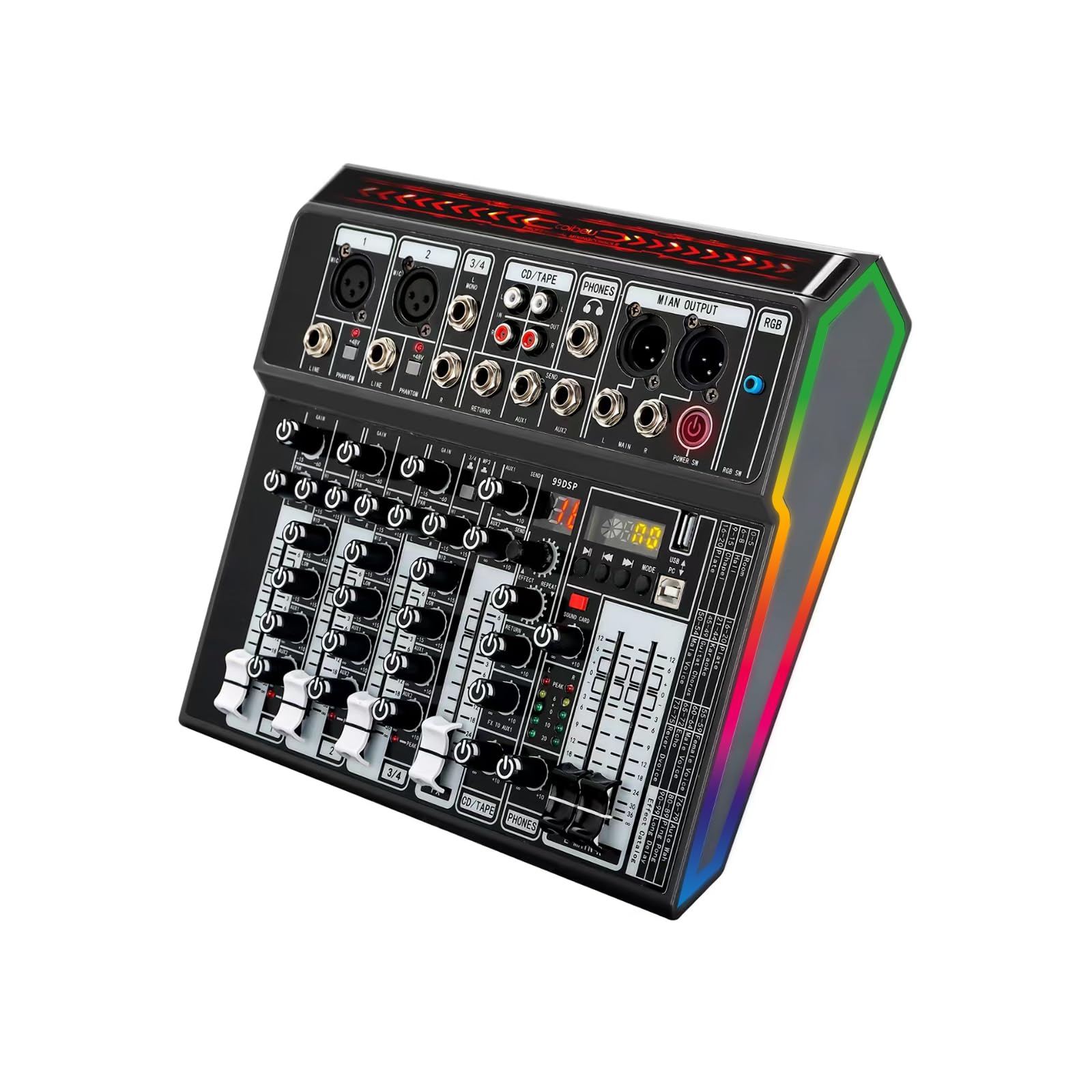 Mesa de Som Profissional 4 Canais com Bluetooth, USB e Phantom Power +48V, Mixer de Áudio com Efeitos Digitais, Saída REC e Iluminação RGB para Palco, Estúdio e Streaming