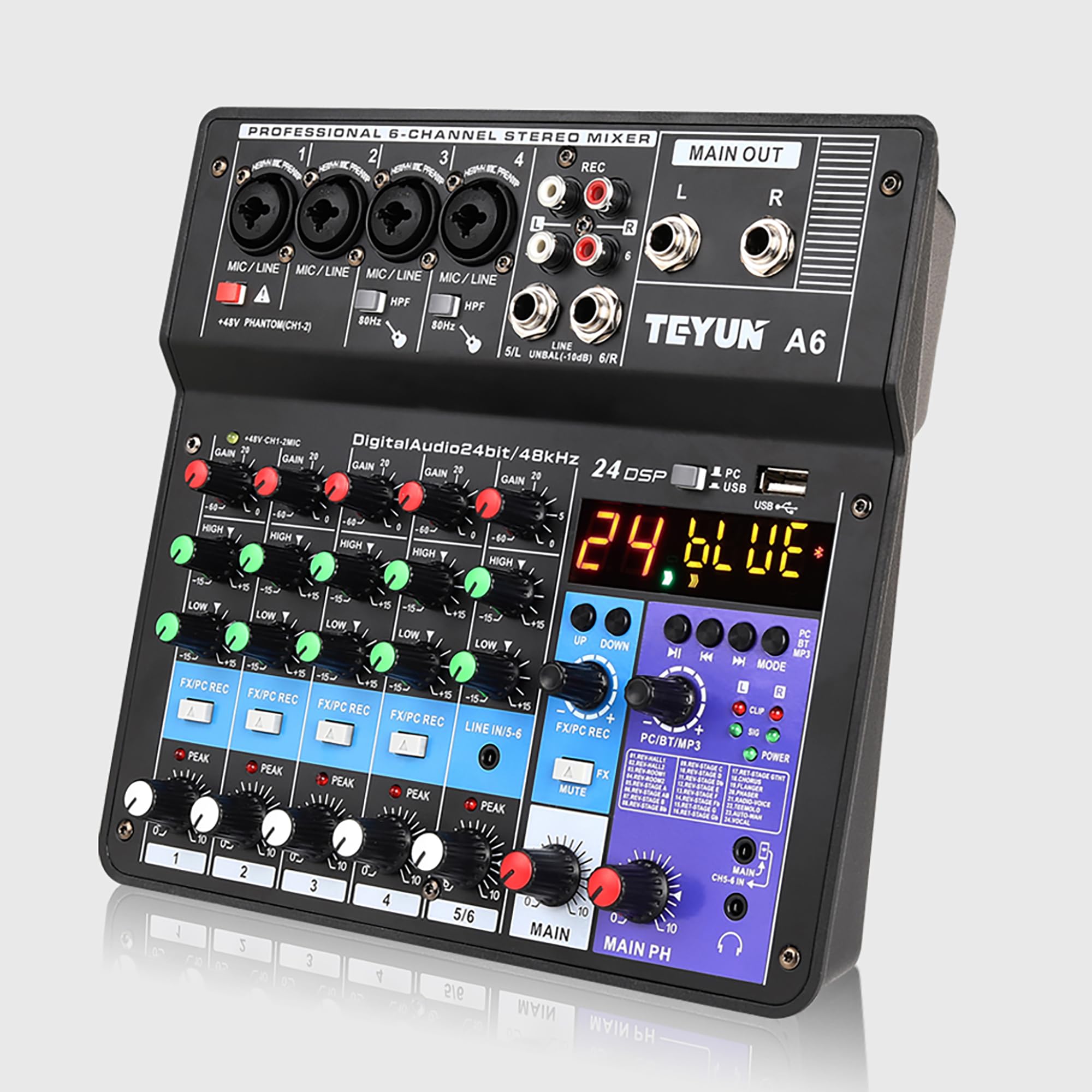 Mesa de mixagem profissional de 6 canais,mixer de placa de som Com Bluetooth,com 24 Efeitos DSP,entrada USB para PC e alimentação fantasma de 48V para música,podcasts e produção musical