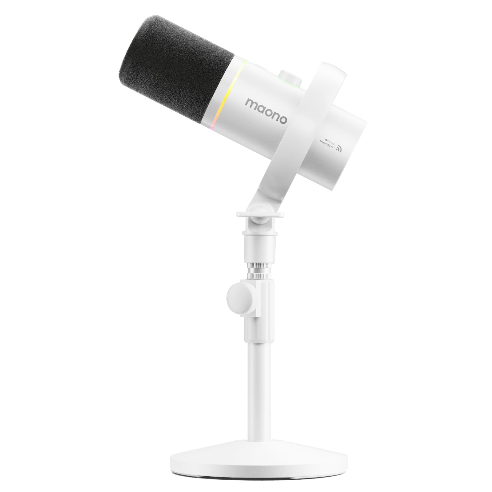 MAONO Microfone de podcast híbrido sem fio PD200W para PC, microfone XLR USB dinâmico com suporte de mesa, software, cancelamento de ruído, para gravação de voz, streaming, criação de conteúdo, branco