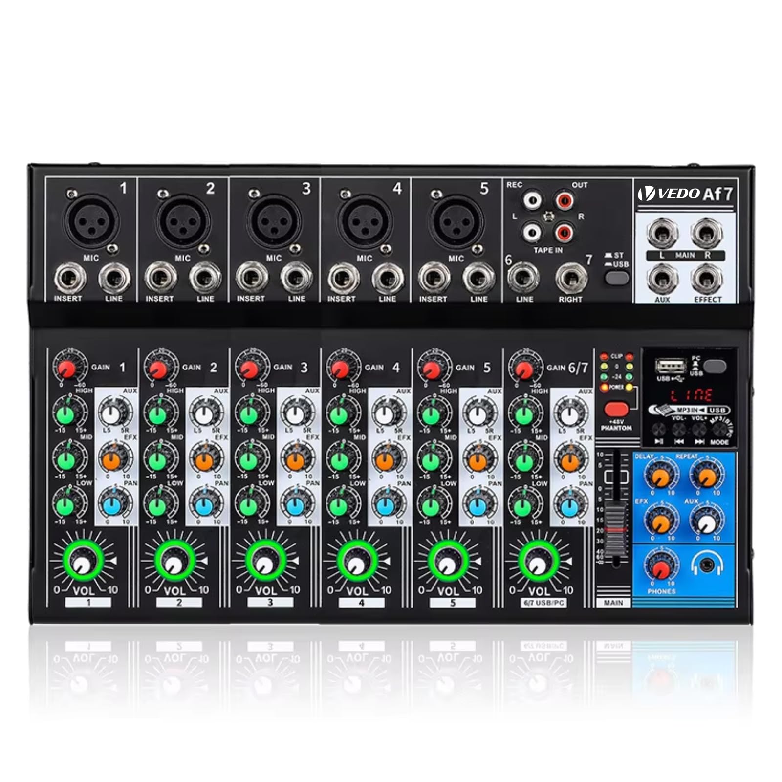 VEDO AF7 Mixer de Áudio Profissional 7 Canais, Interface USB/Bluetooth, Phantom Power +48V, Equalização 3 Bandas para Palco, Estúdio e Streaming