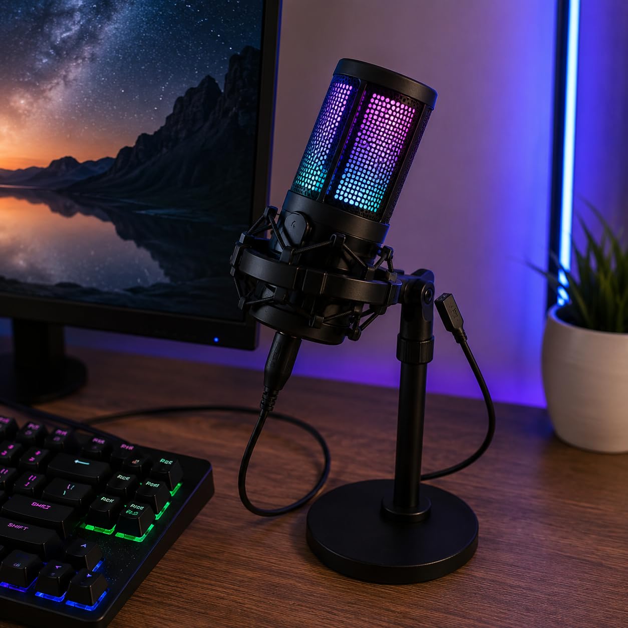 Microfone Condensador USB RGB Gamer Profissional com Monitoramento P2, Plug and Play para PC, Streaming, Podcast e Lives, Alta Sensibilidade, Controle de Luz, Microfone de Mesa para Jogos e Gravação