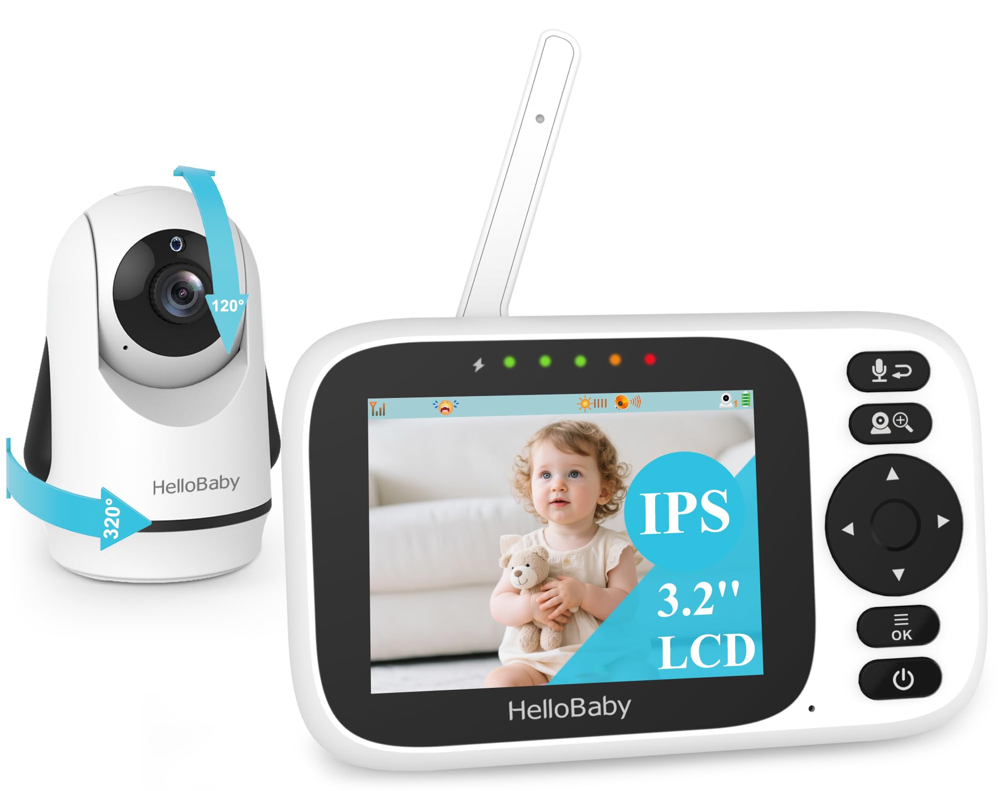HelloBaby Monitor de bebê com tela IPS de 3,2 polegadas - Monitor de câmera para bebê com controle remoto panorâmico e zoom sem WiFi, visão noturna infravermelha, conexão sem fio de 305 m