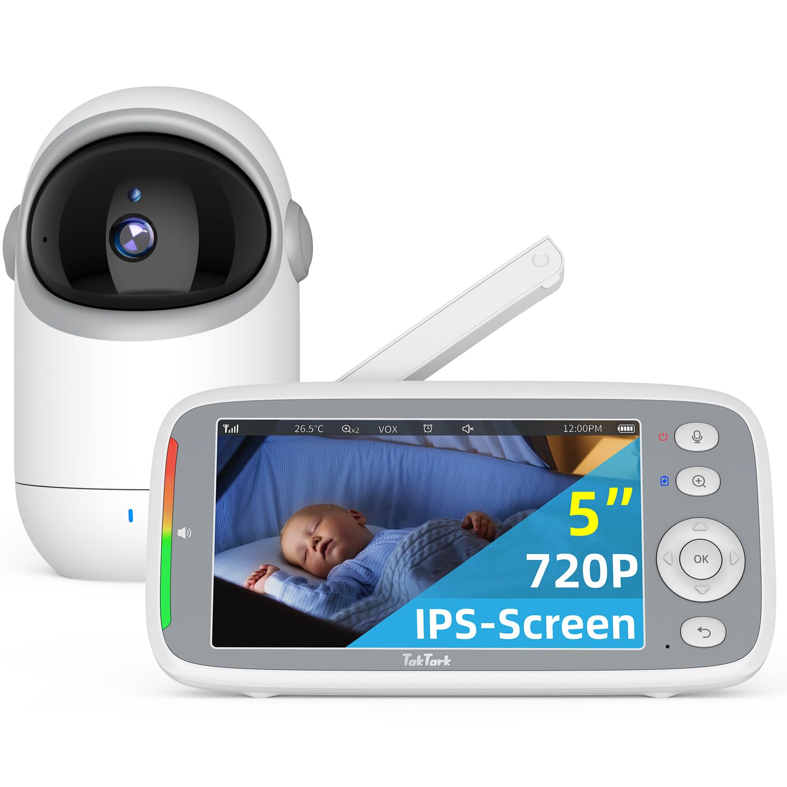 TakTark Babá Eletrônica, 5" 720P HD Bebê Câmera com Tela, Sem Wifi, Panorâmica Inclinação, Áudio Bidirecional, Night Vision, Zoom Digital, Detecção De Som Vox, Ideal Para Novos Pais
