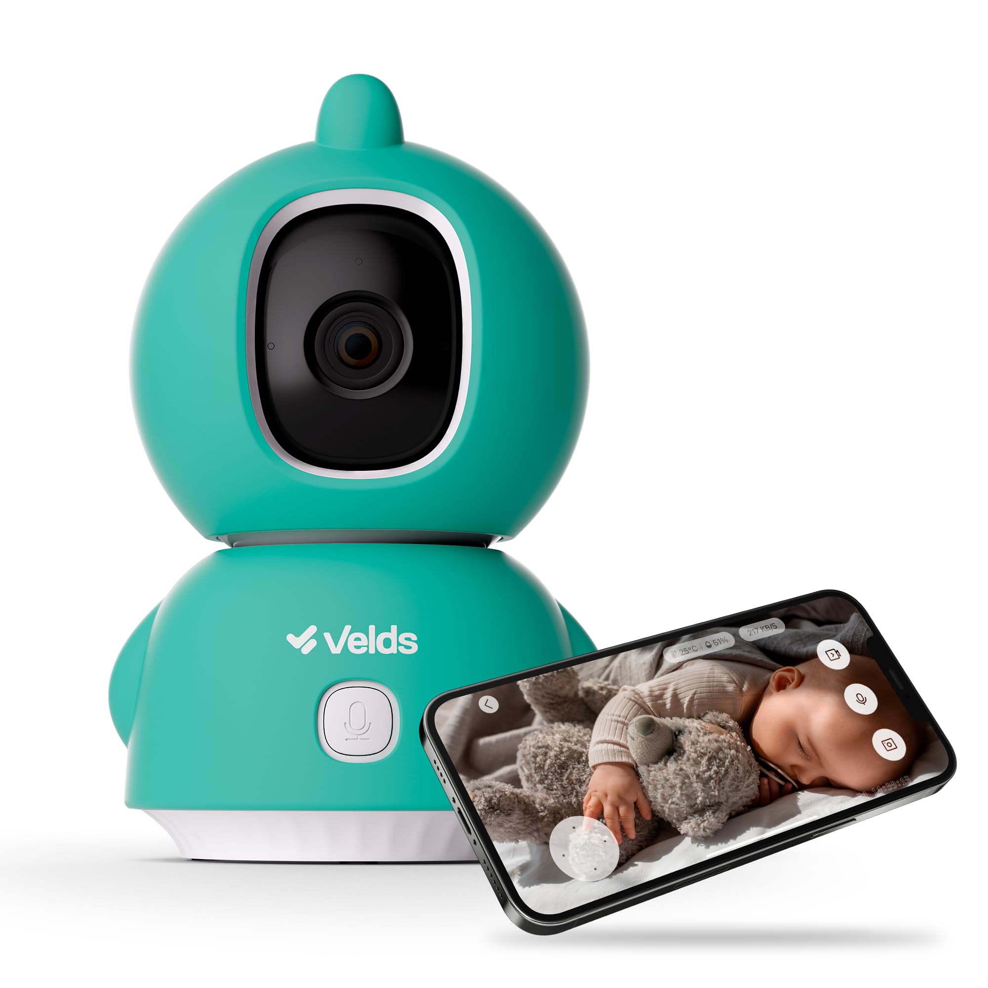 Babá Eletrônica Wi-Fi Velds, Visão Noturna, Detecção de Choro, Sensor de Temperatura, Áudio Bidirecional, Armazenamento até 256GB, Câmera Monitor de Bebê com Capinha Verde Dragão