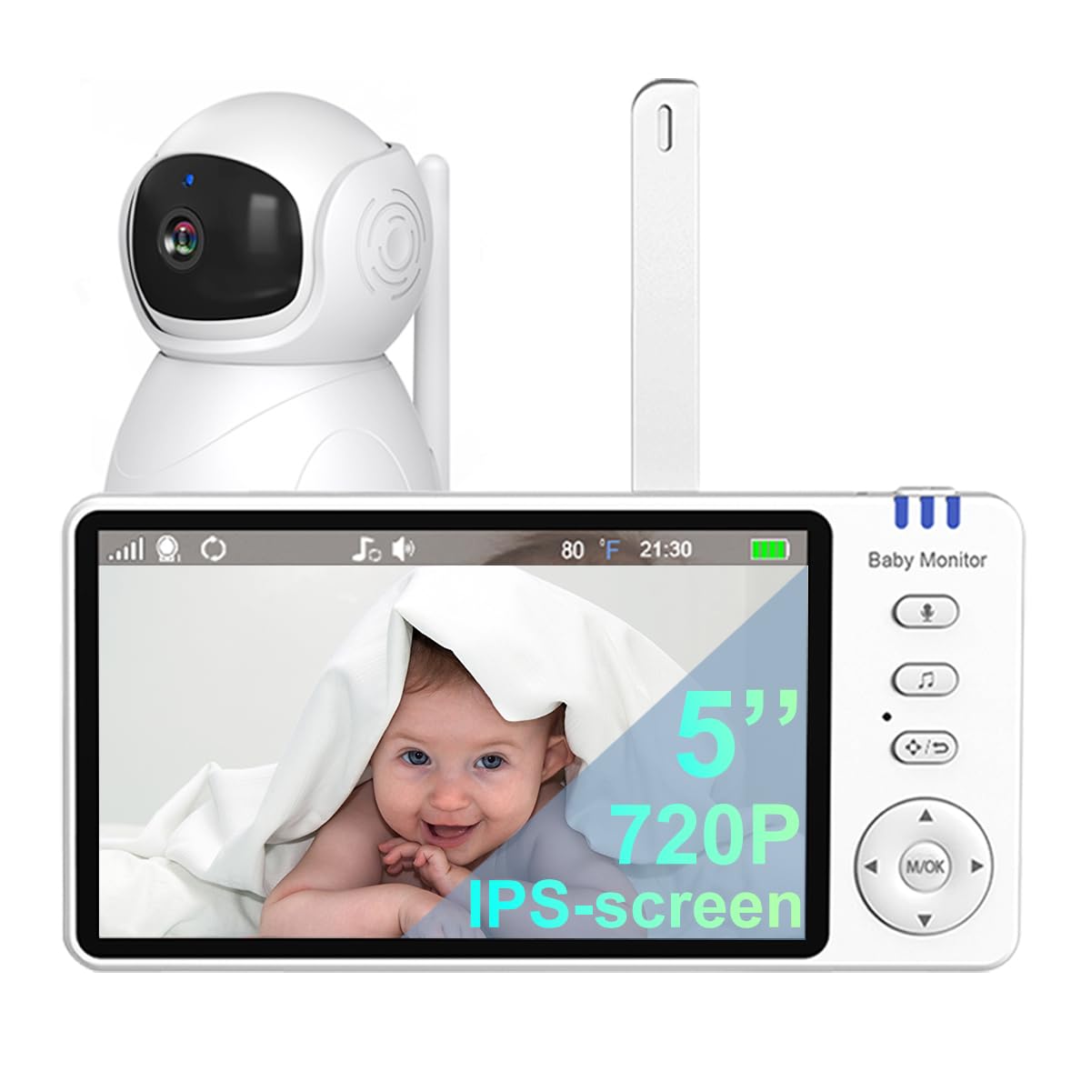 5" Babá Eletrônica Câmera,720P HD Monitor de Bebe, Controle remoto gira 355°/75°, Áudio de 2 vias, 4X Zoom Digital,Visão nocturna,Sem Wi-Fi, VOX,Temperatura ambiente