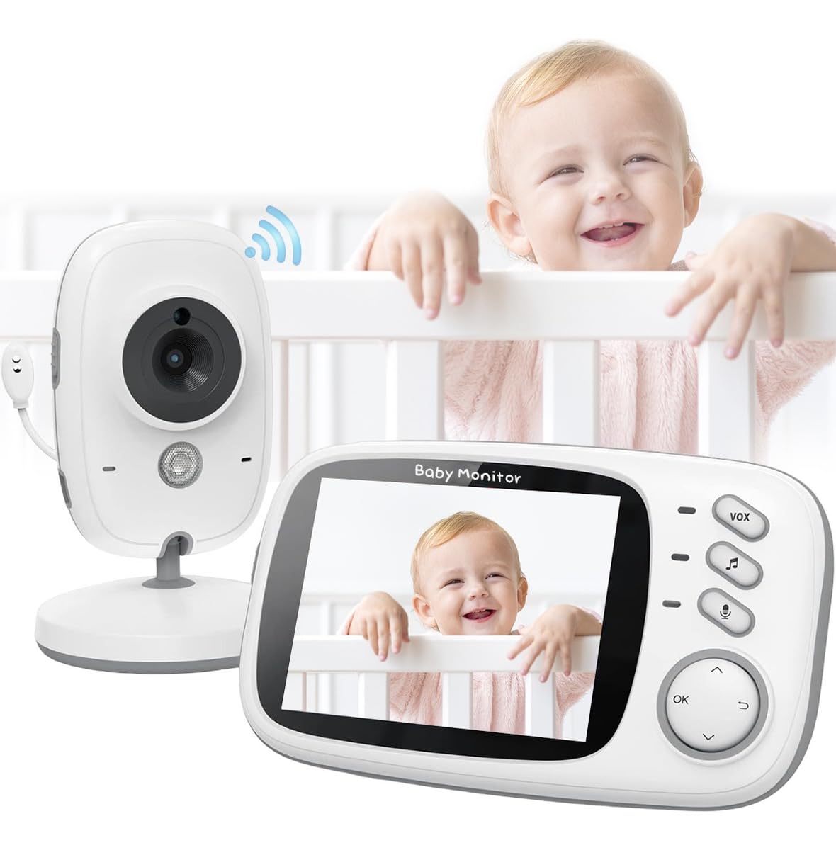 Babá Eletrônica, Câmera para Bebês com Tela de 3.2", Visão Noturna 10M Infravermelha, Áudio Bidirecional, Detecção de Som VOX, Monitoramento Temperatura, Canção de Ninar