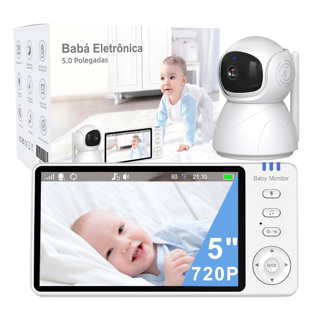 Babá Eletronica, 5.0" 720P HD Bebê Câmera com Tela, Sem Wifi, Panorâmica Inclinação, Áudio Bidirecional, Monitoramento Temperatura, Visão Noturna, Zoom Digital, Detecção De Som Vox