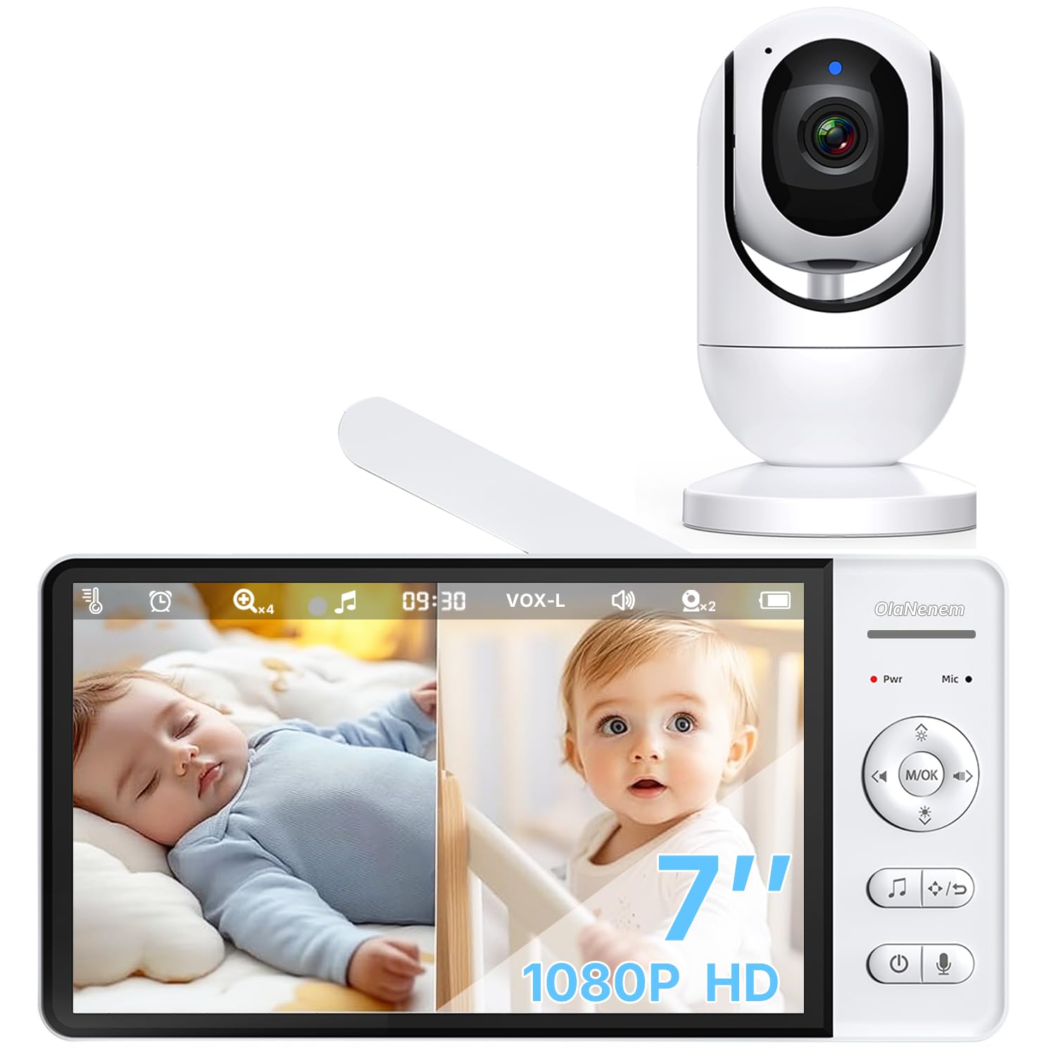 Babá Eletrônica OLANENEM, Tela IPS 7", HD 1080p, Visão Noturna, Alcance 300m, Comunicação Bidirecional, Bateria 5000mAh, Sem WiFi, Cartão SD até 32GB