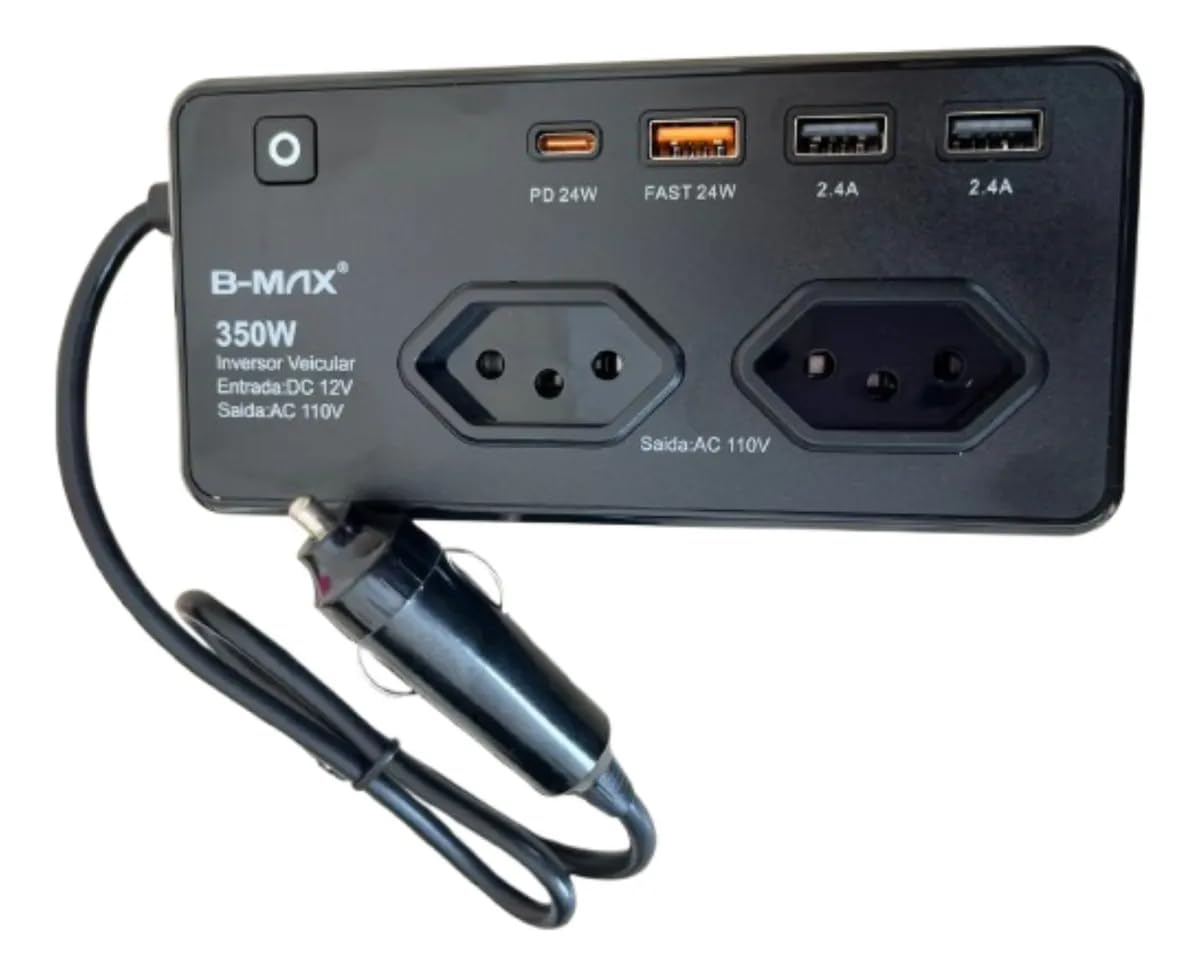 Inversor Automotivo 12V para 127V – 2 Tomadas, 3 USB e 1 Tipo-C, Conversor Portátil 350W para Carro