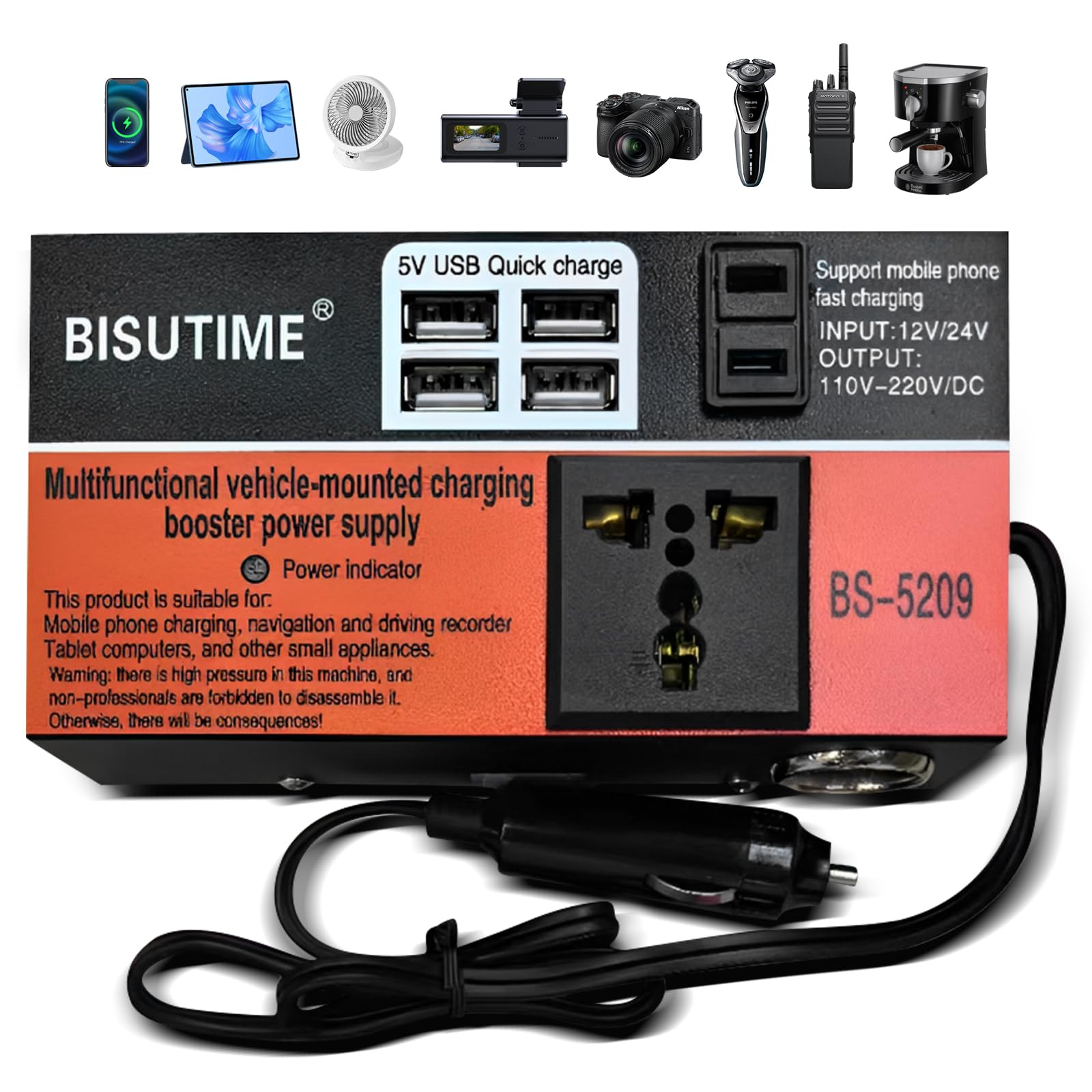 Inversor 12V para 220V, Transformador 110V - 220V, Portátil Inversor de Potência Veicular, Multifuncional Carregador de Bateria Automotivo, Carregador Veicular, 4 Portas USB