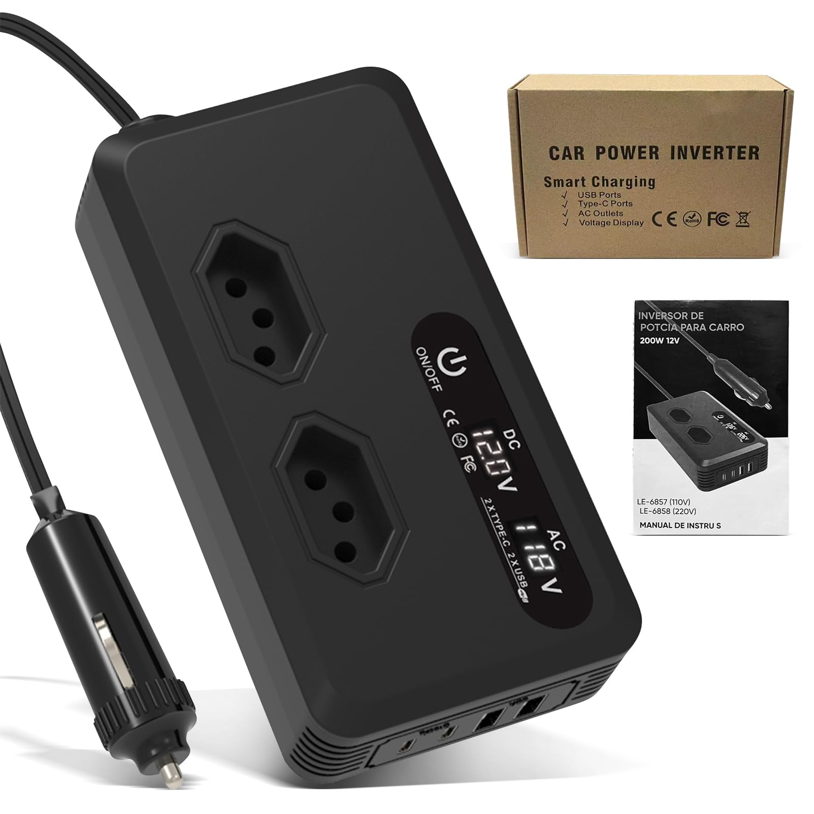 Inversor 12v para 110V, Transformador para Carro com 2 Tomadas AC, 2 USB e 2 Tipo C, Exibição da Bateria