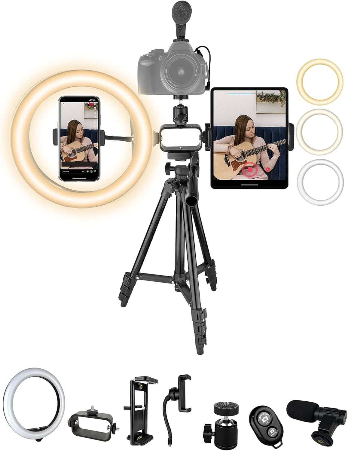 Kit Profissional De Vlog Para Iphone, Android E Tablets – Anel Luz, Tripé, Microfone, Controle Remoto, Criação Conteúdo, Câmera Iniciantes No Youtube, Tiktok Instagram