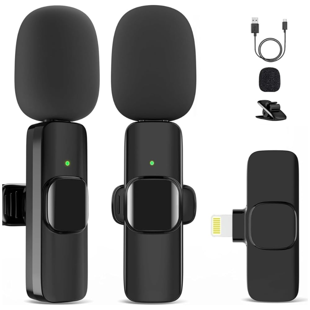 Microfone Lapela Sem Fio 2 Unidades Lightning Compatível com iPhone iPad iOS Redução de Ruído Profissional Tecnologia 360º Plug and Play Bateria Longa Duração Portátil Criação Conteúdo Youtuber