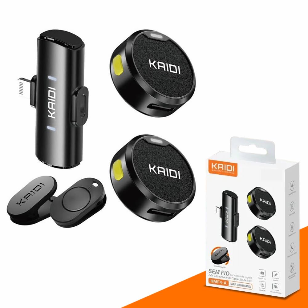 Microfone de Lapela Sem Fio Kit c/ 2 Un Para iPhone IOS 8 ao 14 com Conexão Lightning, Ideal Para Podcast, YouTube, TikTok, Instagram, Entrevistas e Lives, Captação Profissional de Áudio, Bluetooth