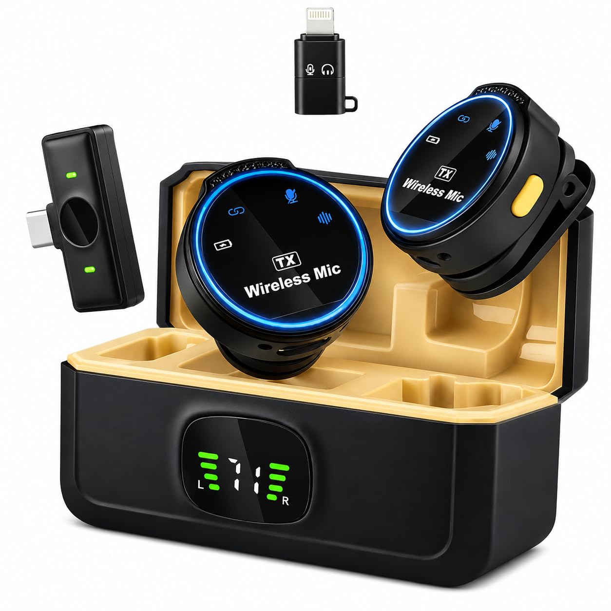 Microfone de Lapela Sem Fio Profissional Duplo para Celular, iPhone e Android, 48kHz, Cancelamento de Ruído, Display Digital, USB-C, Lightning, Podcast e Lives