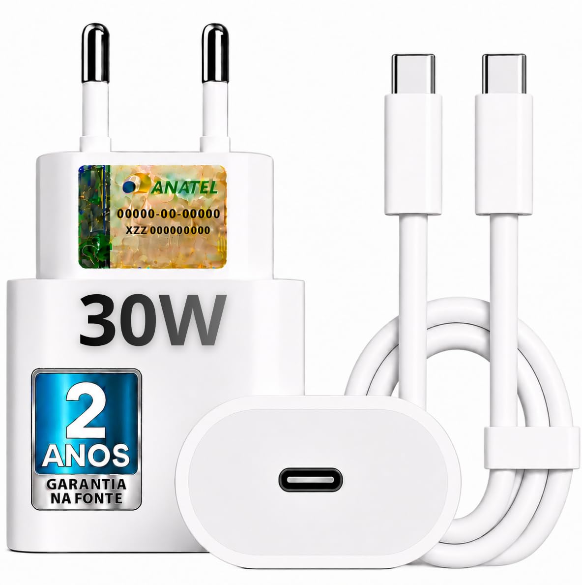 Carregador Turbo 30W Compatível iPhone 15/16/17-16 PRO, 16 PRO MAX iPhone 15 PLUS 15 PRO 15 PRO MAX, GALAXY - Todos ANDROID Entrada TIPO-C + Cabo Reforçado USB-C - Fast Power